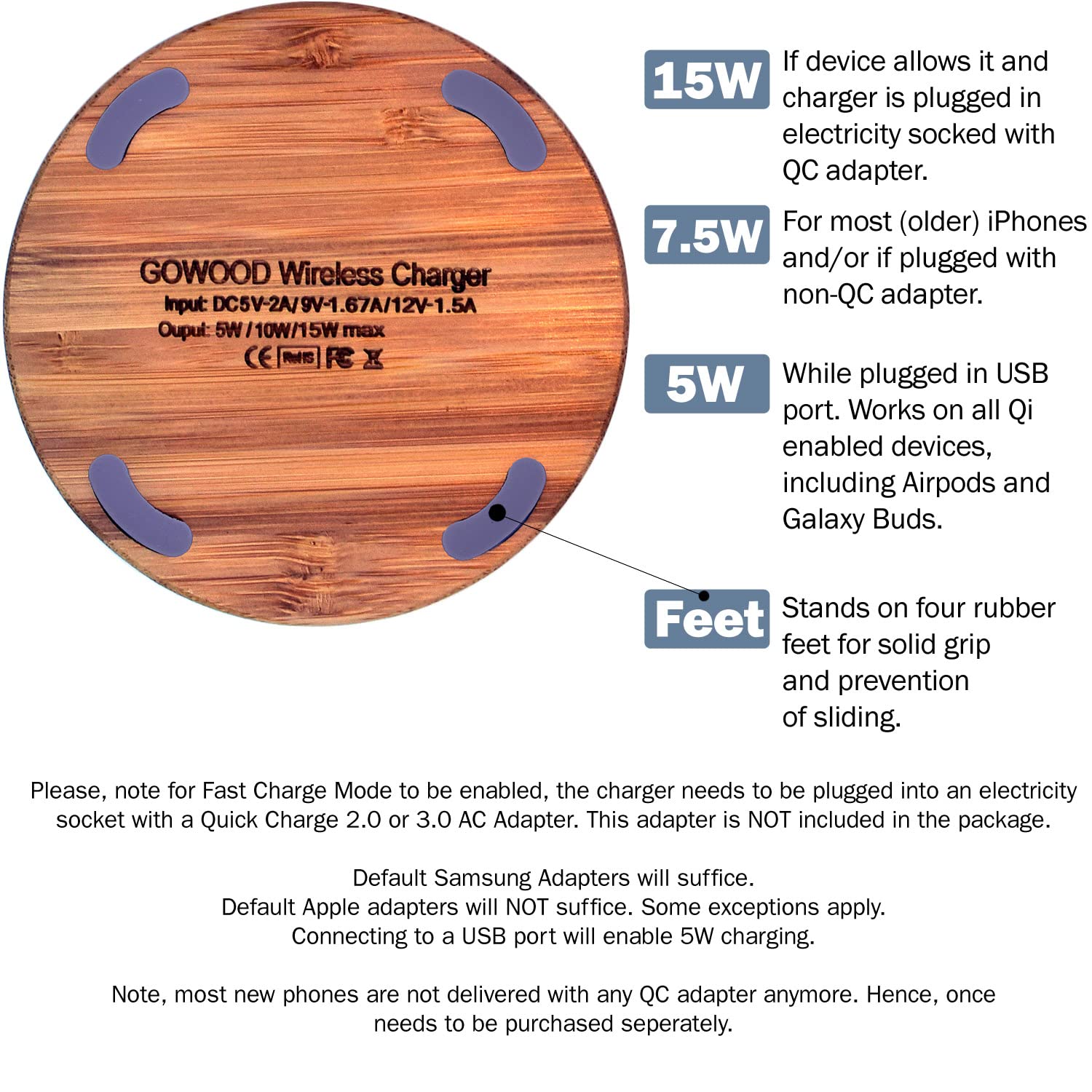 GOWOOD 15W Fast Wireless Charger - Bamboo Wood Stand with 2m Durable USB-C Cable & LED Indicator - Qi-Certified for iPhone 15/14/13, Samsung Galaxy S23/S22 - Perfect for Bedside, Office & Car Charging