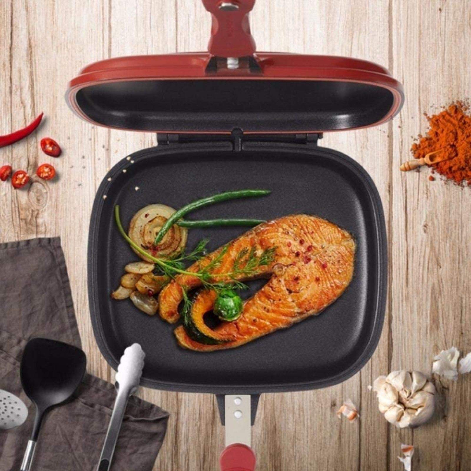 XBSXP 32cm Double Sided Grill Pan - Nonstick Square Skillet for Steak, Eggs & Pancakes - Dual Side Frying & Baking Cookware for Kitchen, BBQ & Camping