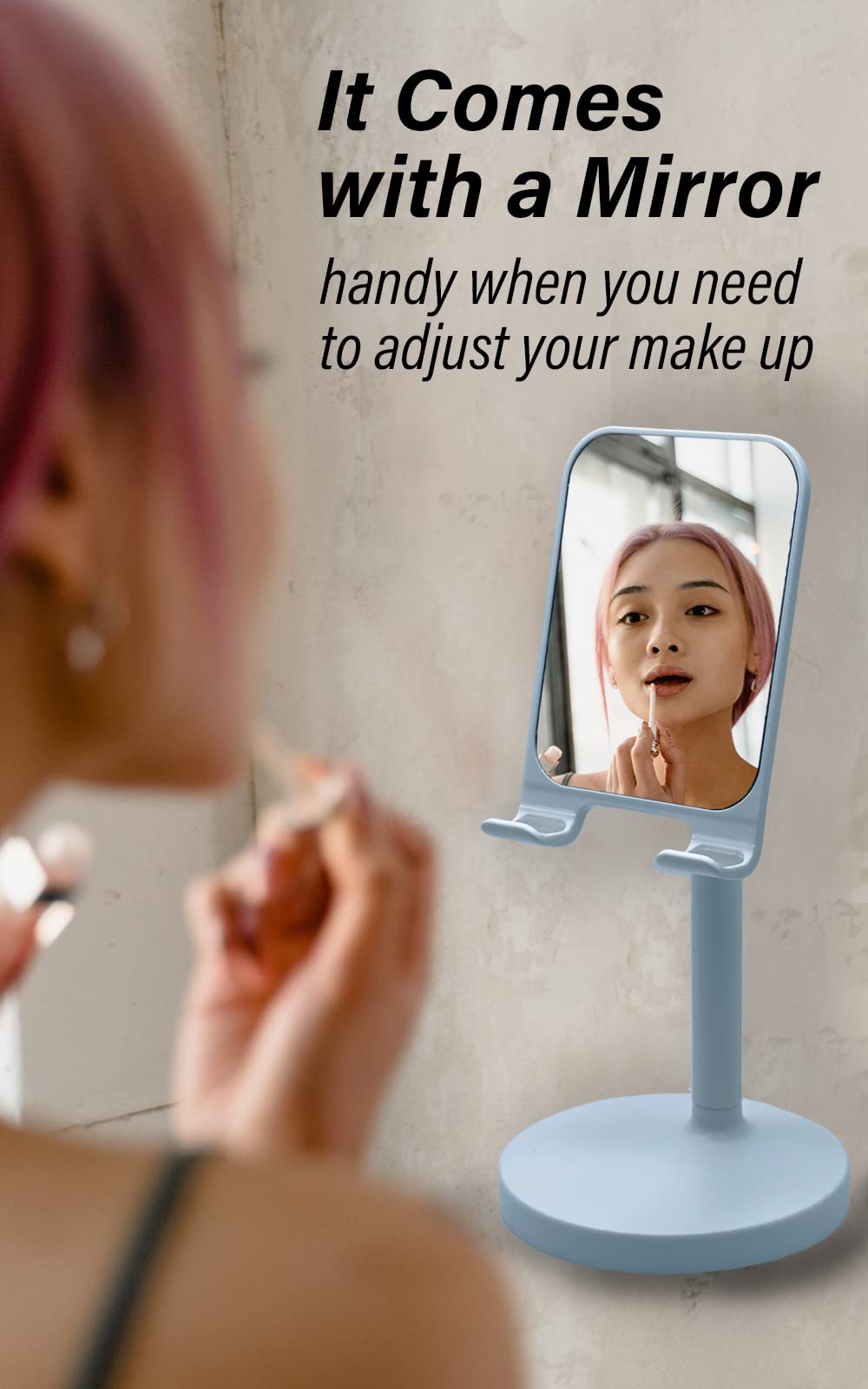 Adjustable Phone Stand with Mirror for Desk & Travel - Black | Hands-Free for Office, Kitchen, iPad