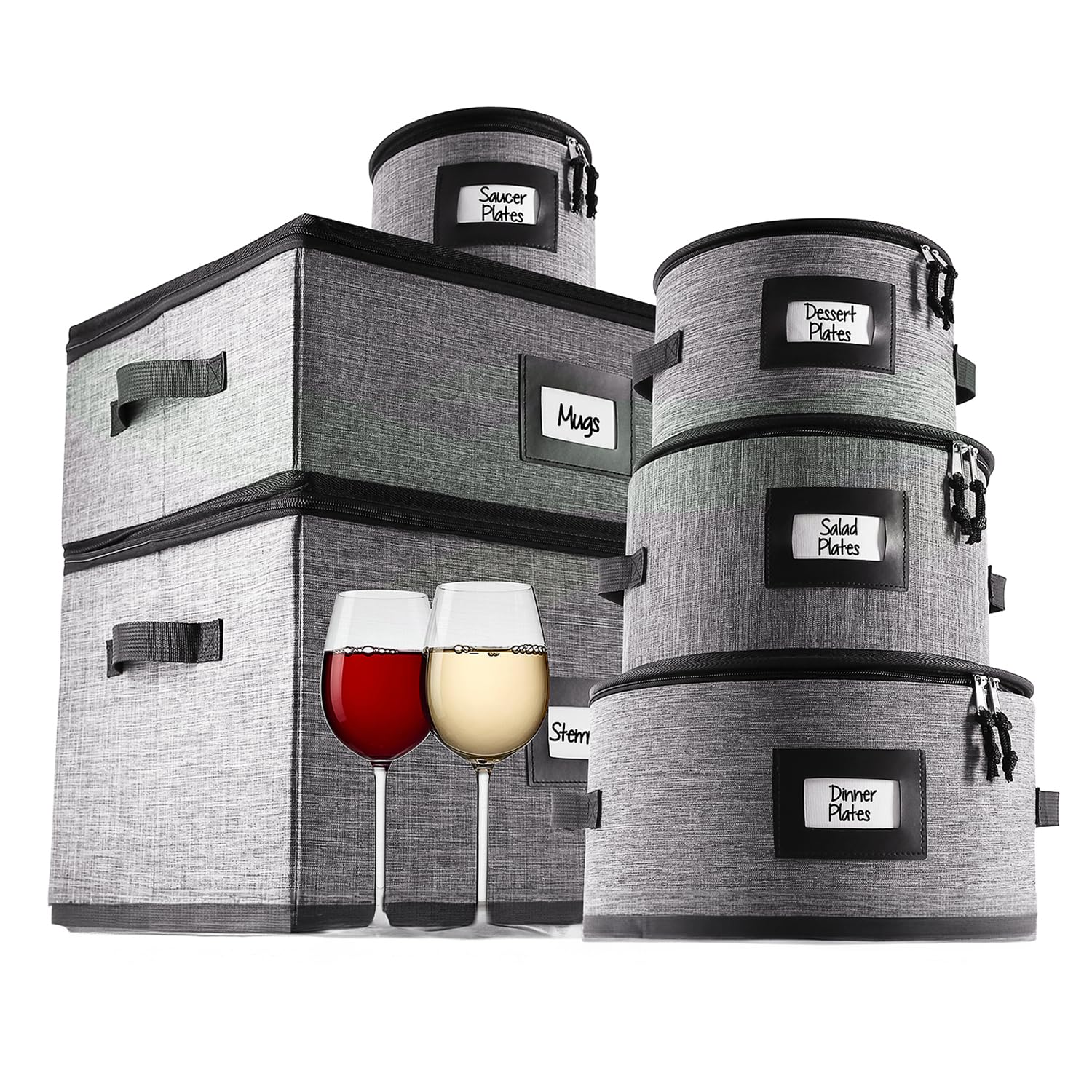 Premium 6-Piece Fine China Storage Set - Hard Shell Stackable Dish Organizers with Dividers for Plates, Coffee Mugs & Wine Glasses | Perfect for Kitchen Cabinet Organization and China Protection During Moving