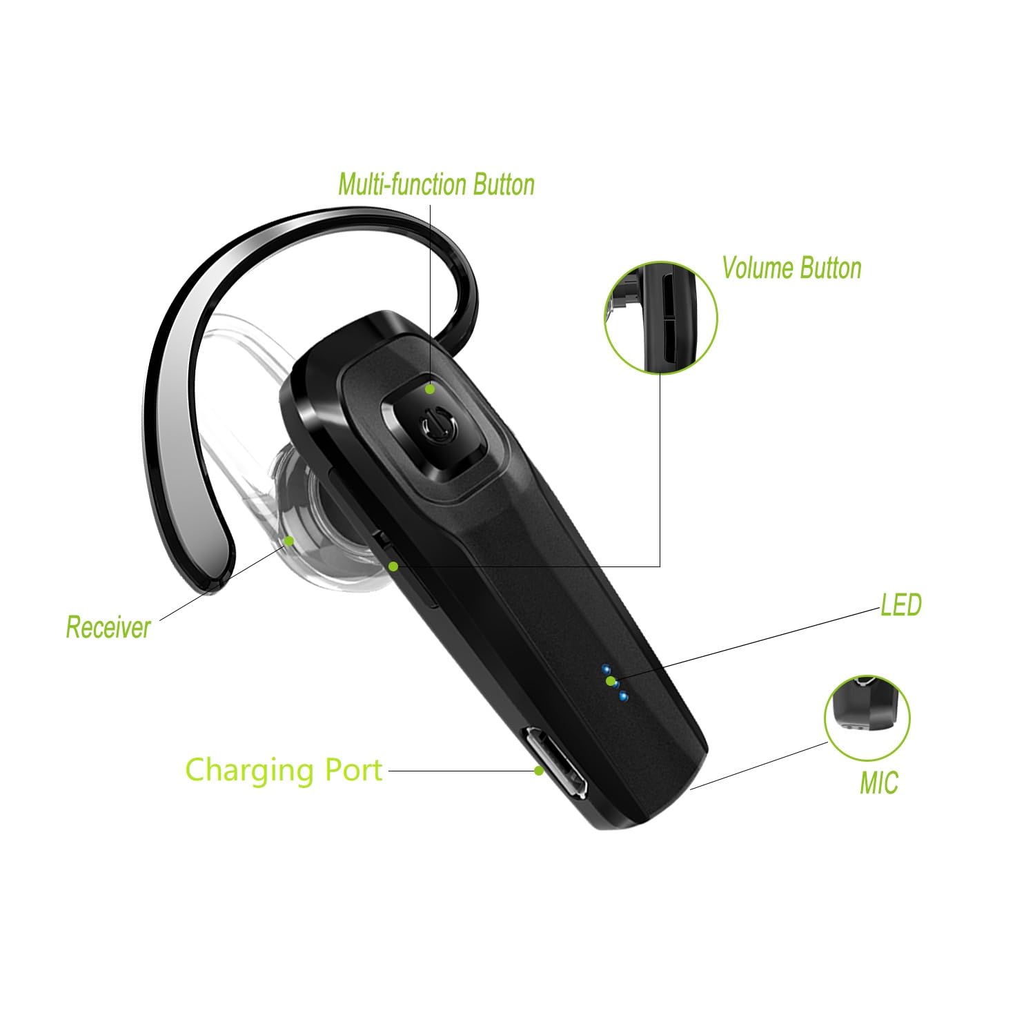 M26 Bluetooth 5.0 Wireless Headset with Noise Cancelling Mic - Hands-Free Earpiece for iPhone, Android, Laptop & Cell Phone - Perfect for Driving, Office Calls & Online Meetings (Black)