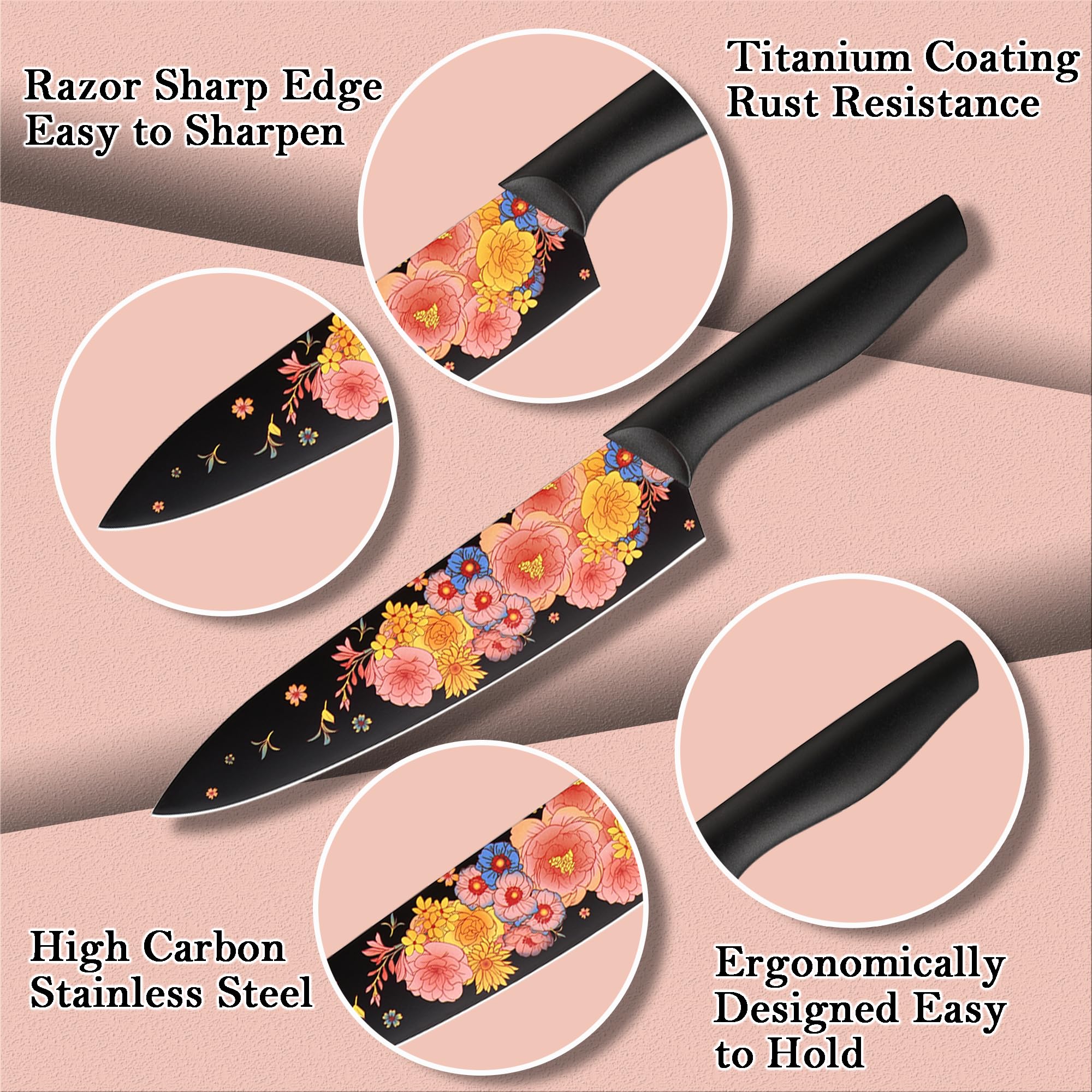 Marco Almond Knife Set - 6-Piece Stainless Steel Kitchen Knives with Blade Guards | Artistic Design, Dishwasher Safe | Perfect for Home Chefs & Professional Cooking | Ideal for Slicing, Dicing, and Food Prep