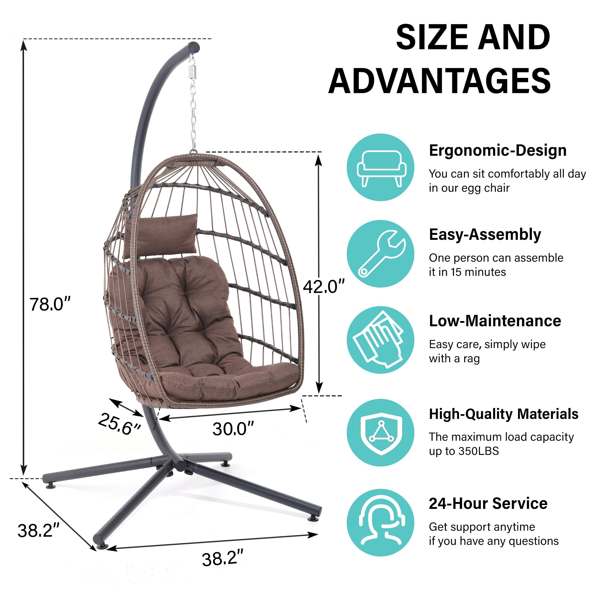 Outdoor Egg Swing Chair with Stand - Indoor Hanging Egg Chair with Cushions - 350 LBS Capacity Wicker Swinging Chair for Patio, Balcony, Garden, Backyard (Brown) - Perfect for Relaxing, Reading & Lounging