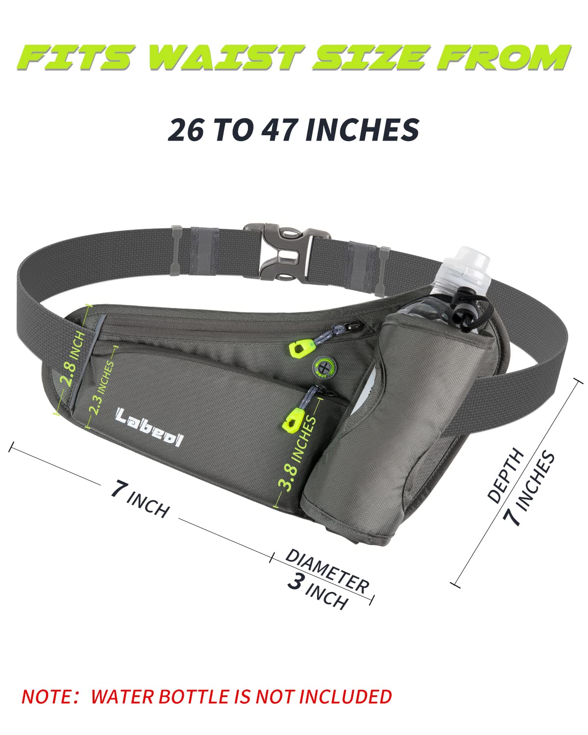 Labeol Adjustable Running Belt with Water Bottles - 2 Zipper Pockets Hydration Waist Pack for Men & Women - Lightweight Fanny Pack for Hiking, Climbing, Jogging & Outdoor Activities (Gray)