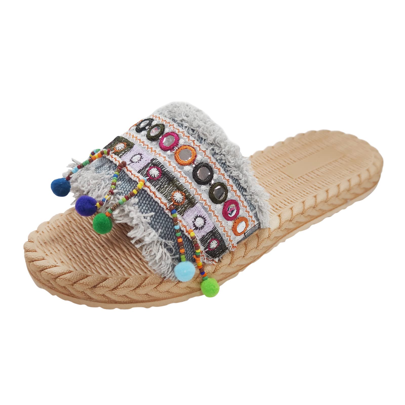 Women's White Linen Tassel Cross Strap Sandals - Comfortable Beach Sandals with Arch Support & Wide Width - Perfect for Summer, Vacation, and Casual Outings