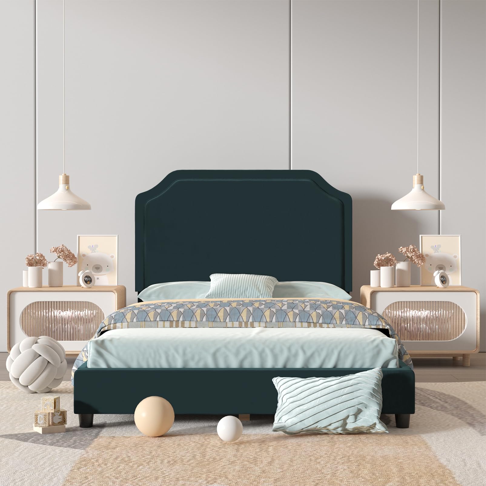 Velvet Upholstered Twin Bed Frame for Kids - Adjustable Headboard, Wooden Structure, Green - Perfect for Nursery, Bedroom & Playroom Decor