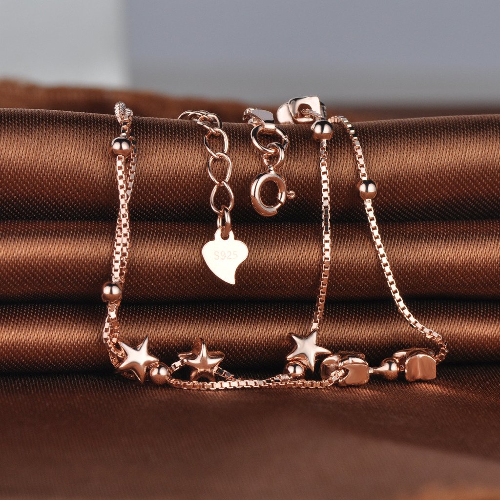 925 Sterling Silver Adjustable Multi-Strand Charm Bracelet with Rose Gold Star Charms - Elegant Link Chain Bangle for Women, Perfect for Everyday Wear, Date Nights & Special Occasions