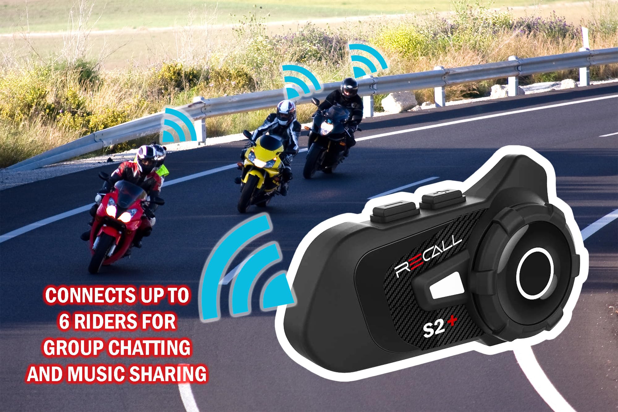 Recall S2+ Motorcycle Bluetooth Intercom Headset - 5.1 Version, 6-Way Group Chat, 1000m Range, FM Radio & Music Sharing for Riders - Carbon Black (Perfect for Group Riding, Adventure Tours & Road Trips)