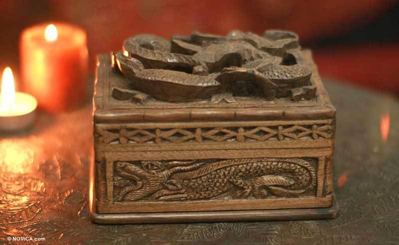 NOVICA Handcrafted Walnut Wood Jewelry Box with Loyal Dragon Design - Brown Wooden Storage Box for Rings, Necklaces & Keepsakes | Perfect for Home Decor, Gift Giving & Jewelry Organization