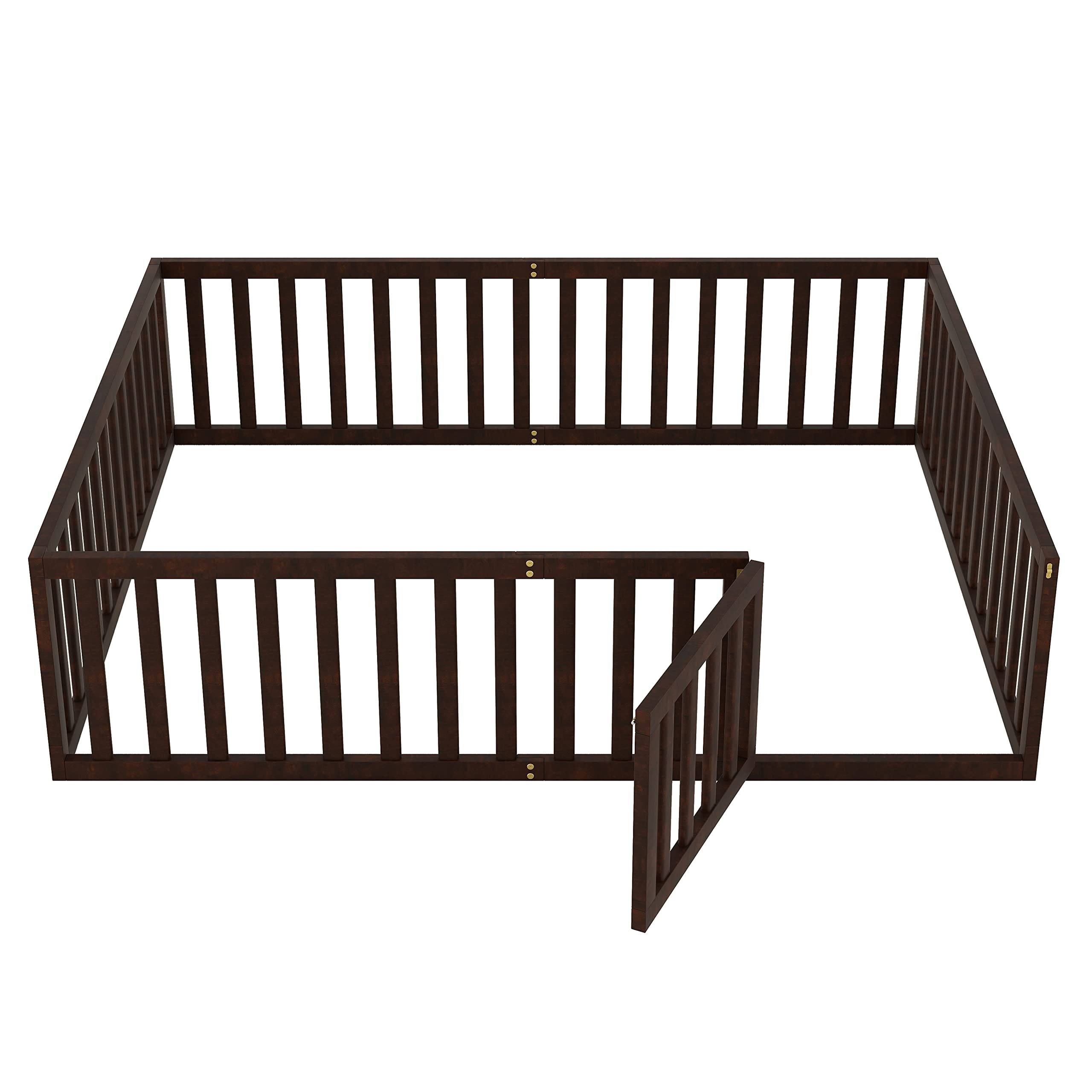 MERITLINE Queen Size Wooden Bed Frame with Safety Fence & Door - Montessori Floor Bed for Kids 6+ Years - Easy Assembly - No Box Spring Needed (Walnut) - Perfect for Toddler Rooms, Daycare Centers & Montessori Classrooms