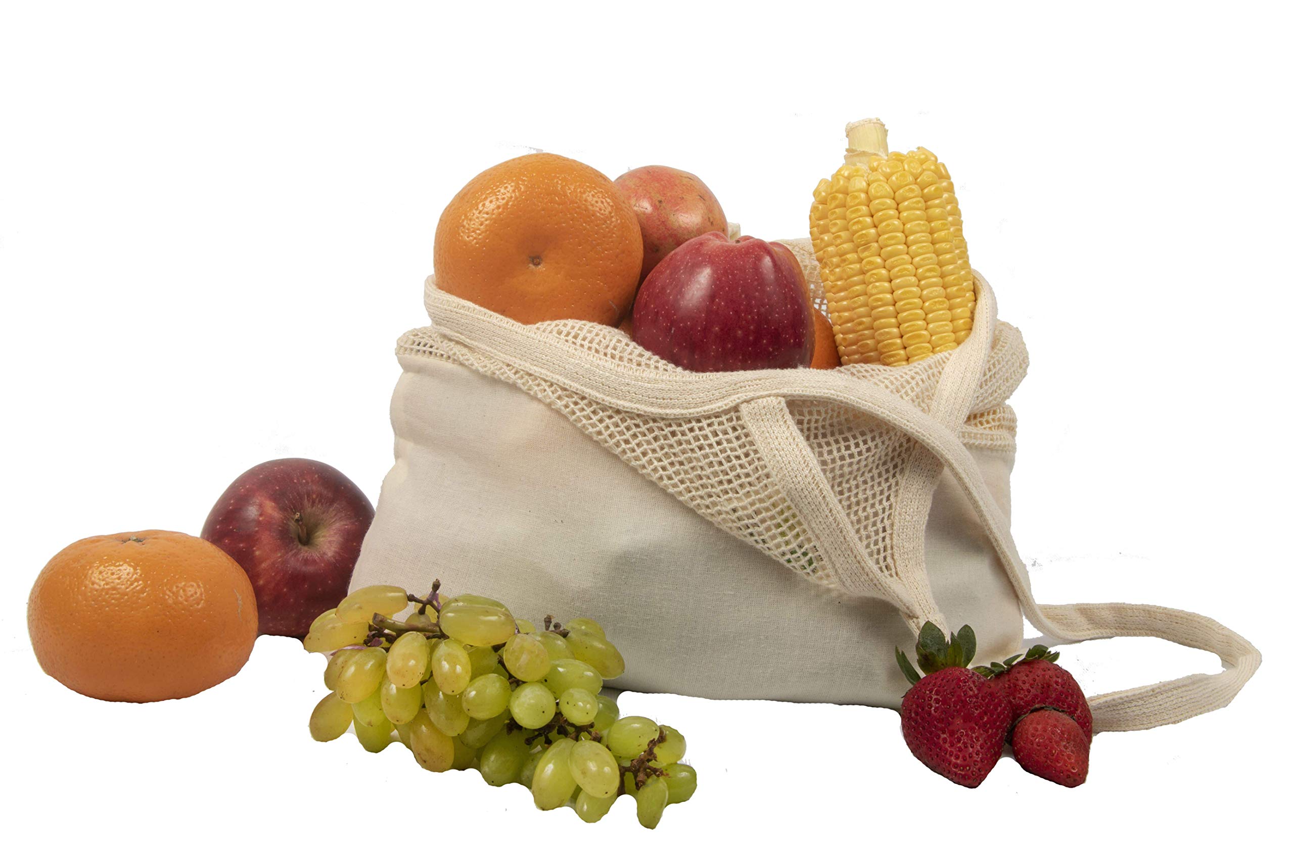 Organic Cotton Mesh Grocery Bags - Reusable Eco-Friendly Shopping Totes with Reinforced Bottom for Farmers Market, Mushroom Foraging & French Market (Set of 3) - Perfect for Grocery Shopping, Beach Trips & Picnics