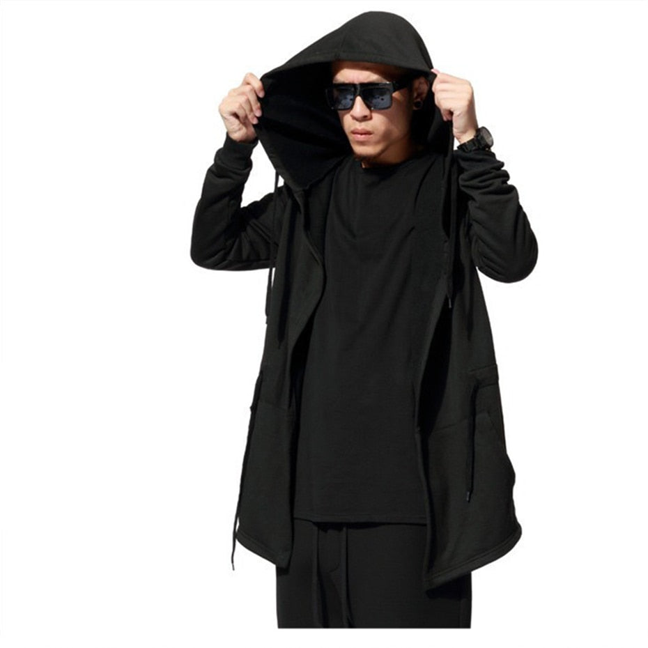 Black Hooded Wizard Coat Jacket for Men | Windbreaker Hoodie with Punk & Hip Hop Style | Techwear Streetwear Trench Coat | Perfect for Cosplay, Halloween, and Urban Fashion