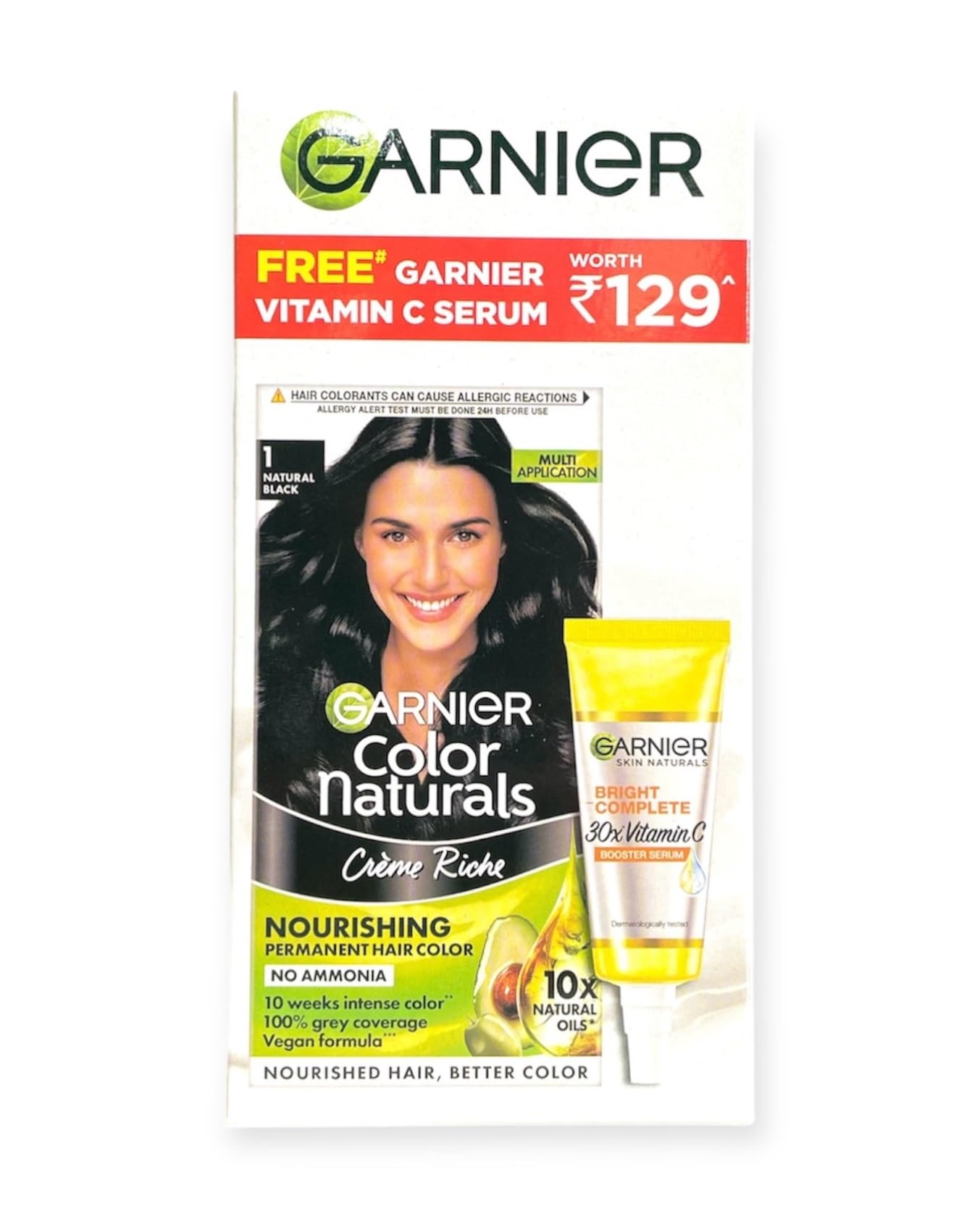 Garnier Hair Color Creme - Long Lasting Natural Black Shade 1 with Vitamin C Face Serum 7ml | Smooth Shine Hair Dye for Women & Men | At-Home Hair Coloring Kit for Gray Coverage & Vibrant Color | Salon-Quality Results