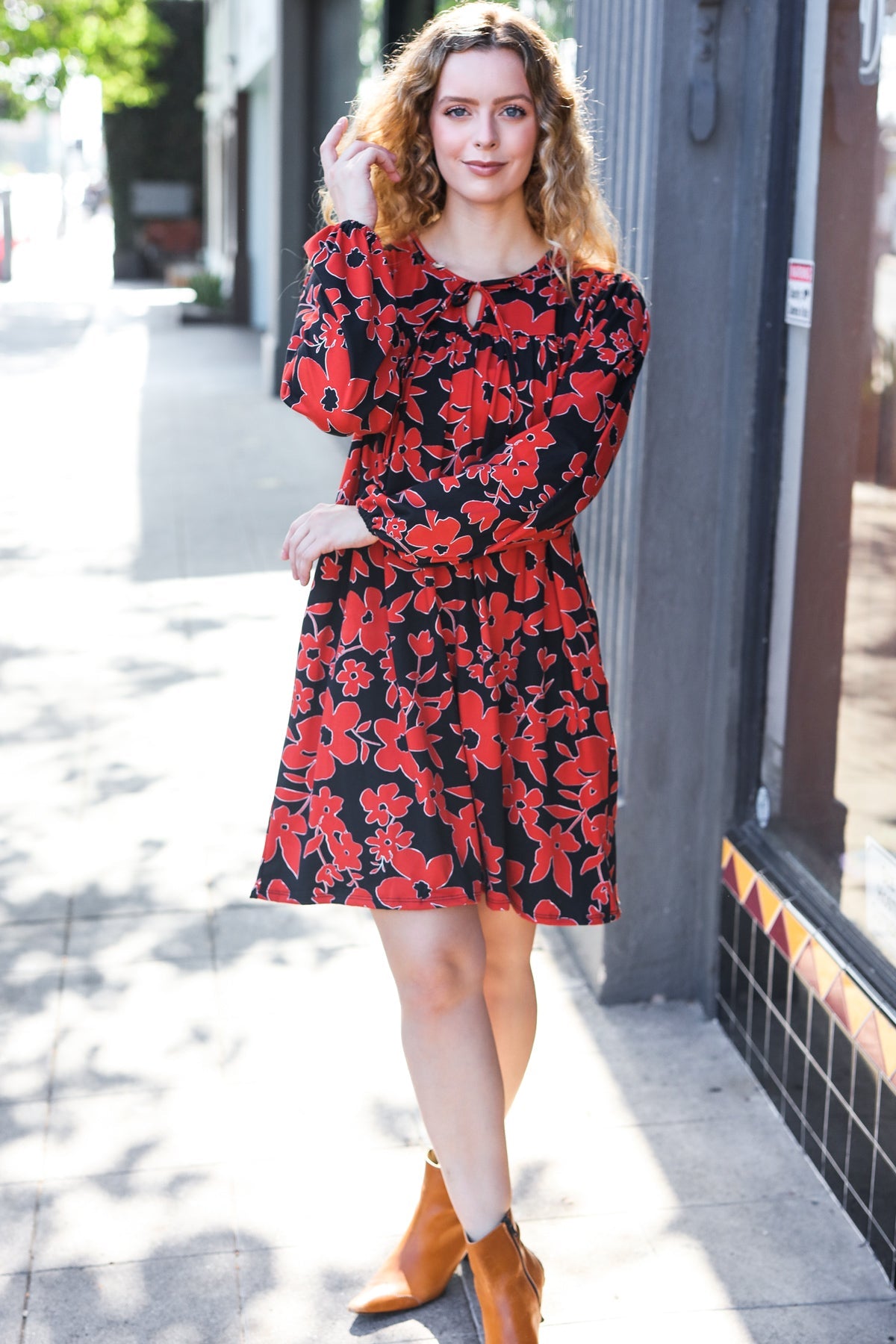 Boldly You Rust & Black Floral Print Front Tie Dress - Elegant Women's Midi Dress for Parties, Dates & Special Occasions