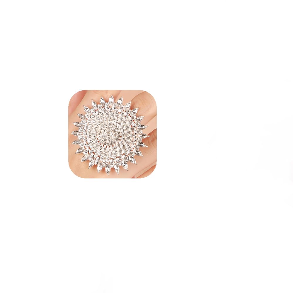YERTTER Boho Silver Thick Big Round Gemstone Ring - Adjustable Crystal Ethnic Statement Ring for Women - Vintage Rhinestone Band Jewelry for Wedding, Brides, Party & Special Occasions (Silver)