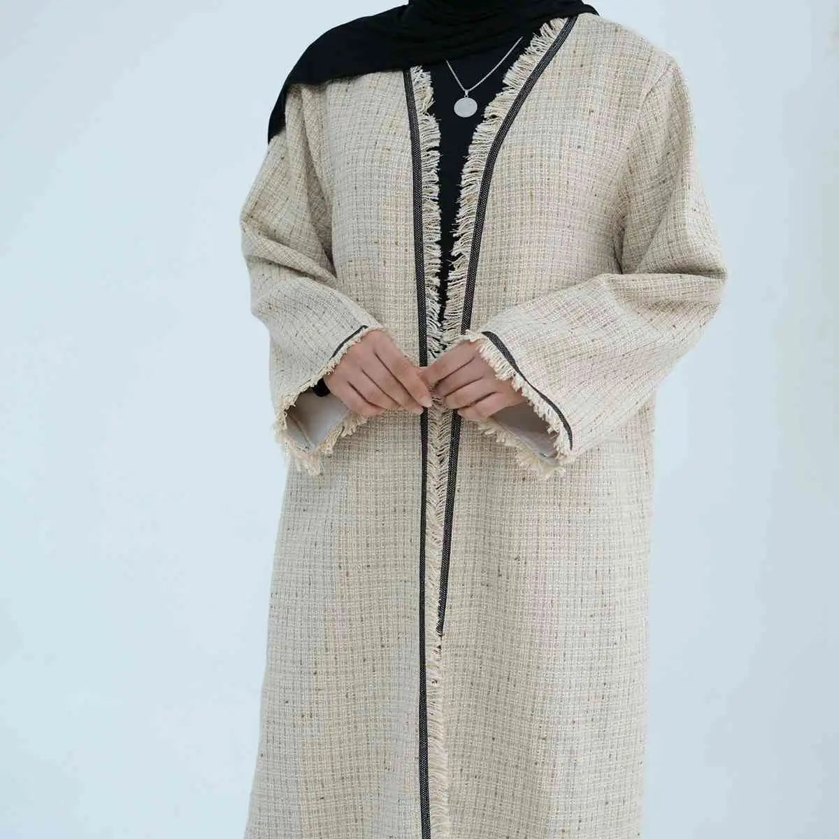 Winter Fall Thick Tassel Tweed Cardigan Open Abaya Coat - Women's Fashion Outerwear for Cold Weather, Layering & Modest Style