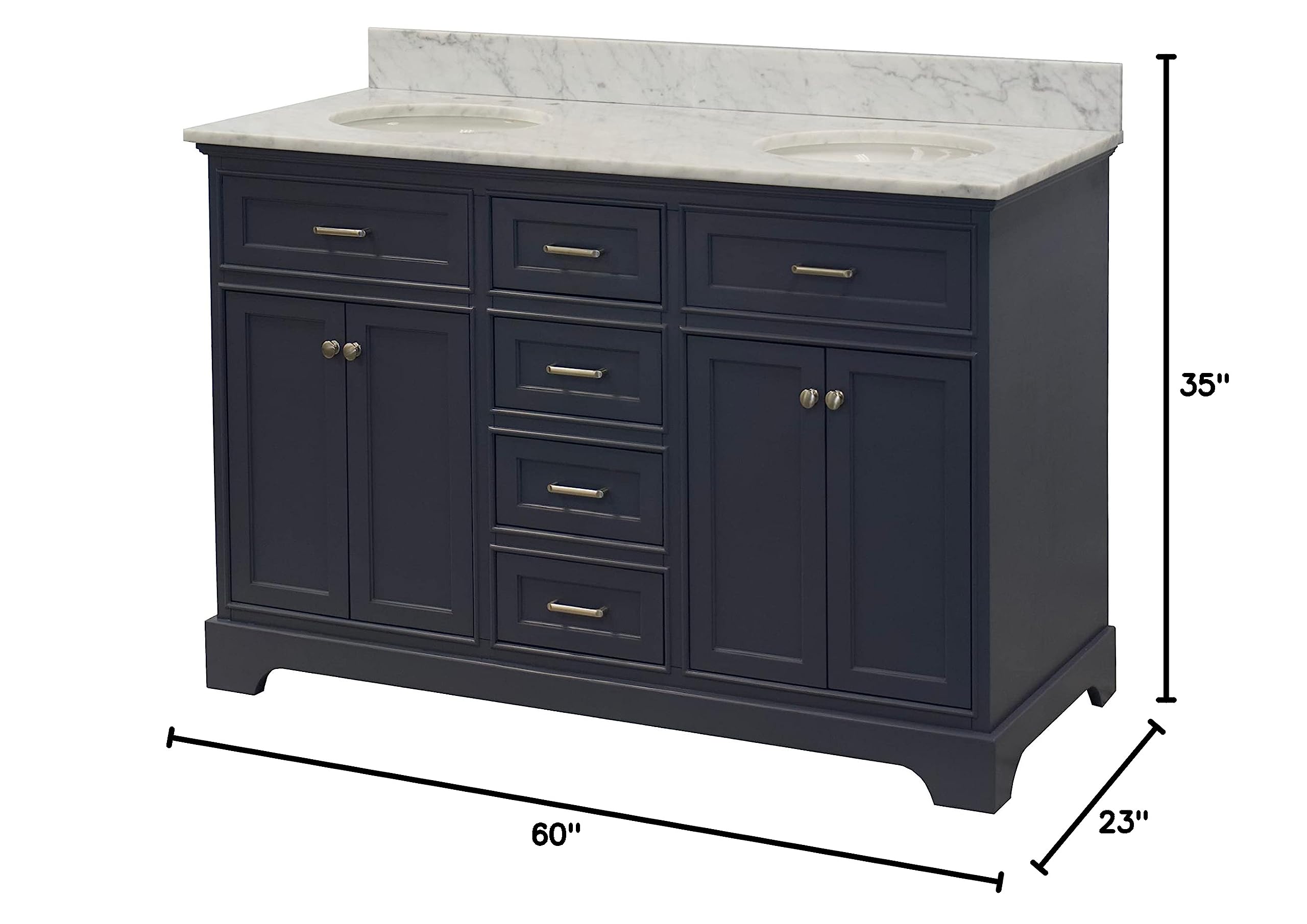 Aria 60-inch Double Bathroom Vanity with Carrara Marble Top & Gray Cabinet - White Ceramic Sinks | Modern Bathroom Storage for Master & Guest Bathrooms | Durable Italian Marble Countertop & Spacious Design