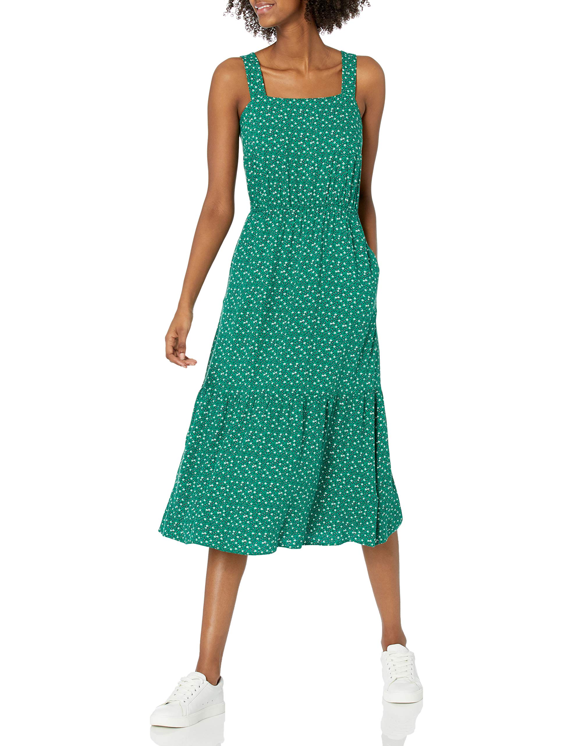Amazon Essentials Women's Fluid Twill Tiered Midi Summer Dress - Flowy Casual Sundress with Pockets for Beach, Vacation & Everyday Wear