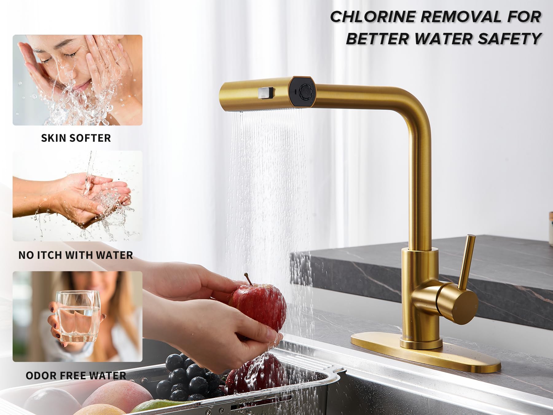 Tohlar Brushed Gold Kitchen Faucet with Pull Down Sprayer - 3 Function Waterfall Sink Faucet, Single Lever Handle for Modern Kitchens | Perfect for Cooking, Washing Dishes & Filling Pots