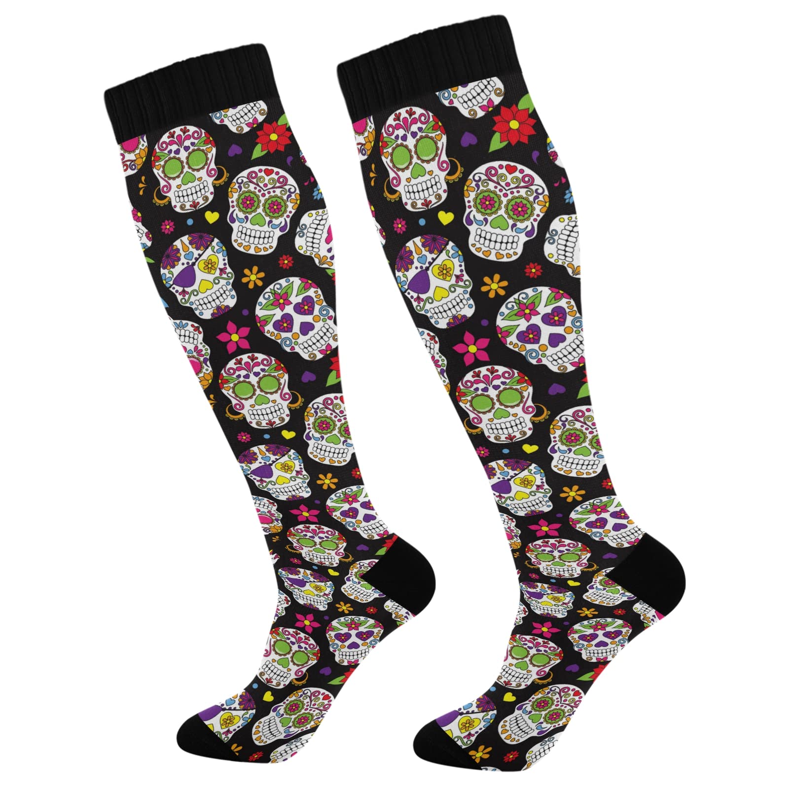 Skull Flower Rose Compression Socks for Women & Men - Best Circulation Knee High Socks for Sports, Walking & Support - Perfect for Running, Travel & Nurse Work