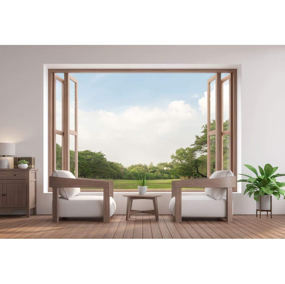 CSFOTO 10x8ft Wooden Floor Photography Backdrop - French Window View with Natural Scenery, Living Room & Hotel Interior Background for Photo Shoots, Home Decor, and Professional Studio Portraits