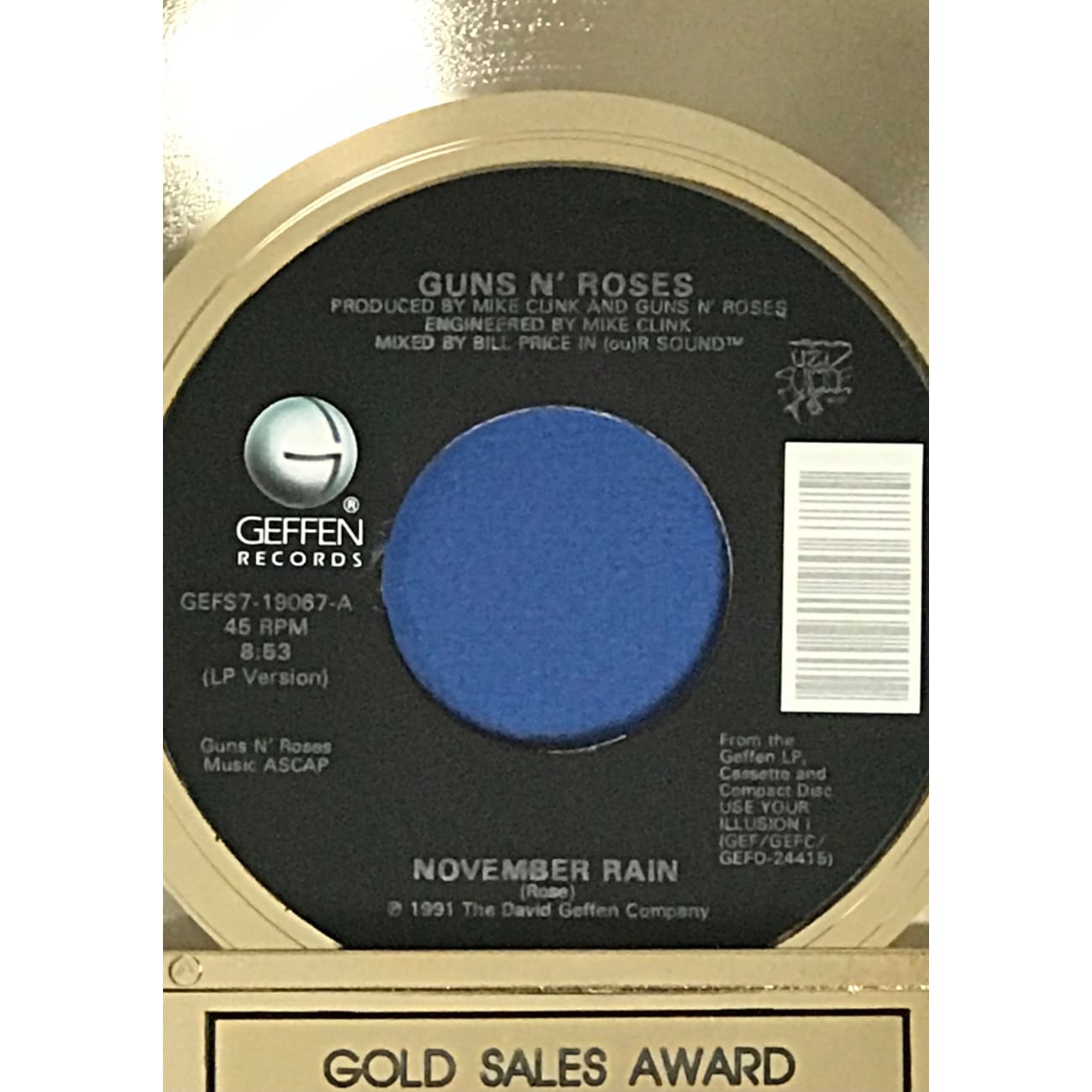 Guns N' Roses November Rain RIAA Gold Single Award Plaque - Certified Music Memorabilia for Collectors & Fans - Perfect for Display in Home, Office, or Music Room