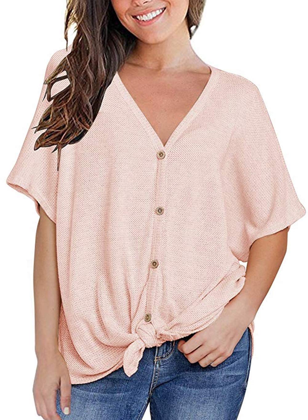 Fronage Women's V-Neck Long Sleeve Shirts - Soft Waffle Knit Casual Tops & Loose Blouses for Everyday Wear, Work & Fall Outfits