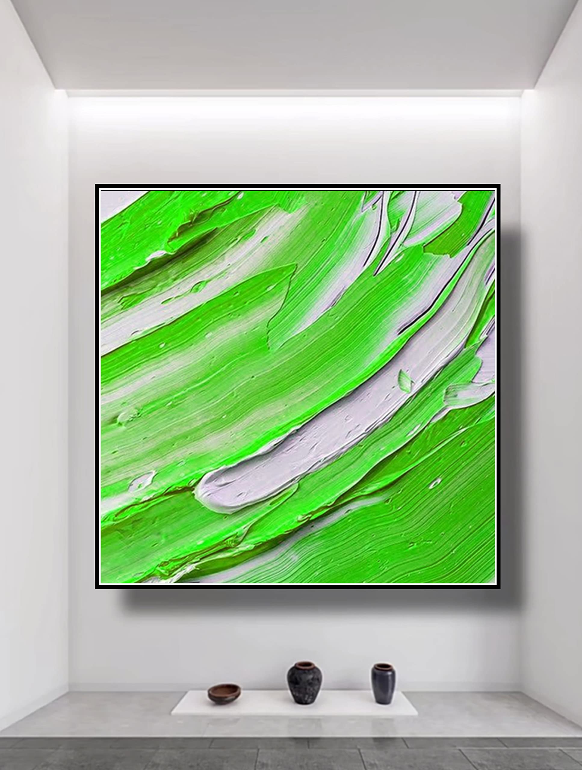 Large Abstract Green Oil Painting on Canvas - 32x32 Inch Wall Art for Home, Bedroom & Office Decor | Handmade Original Artwork for Modern Living Spaces