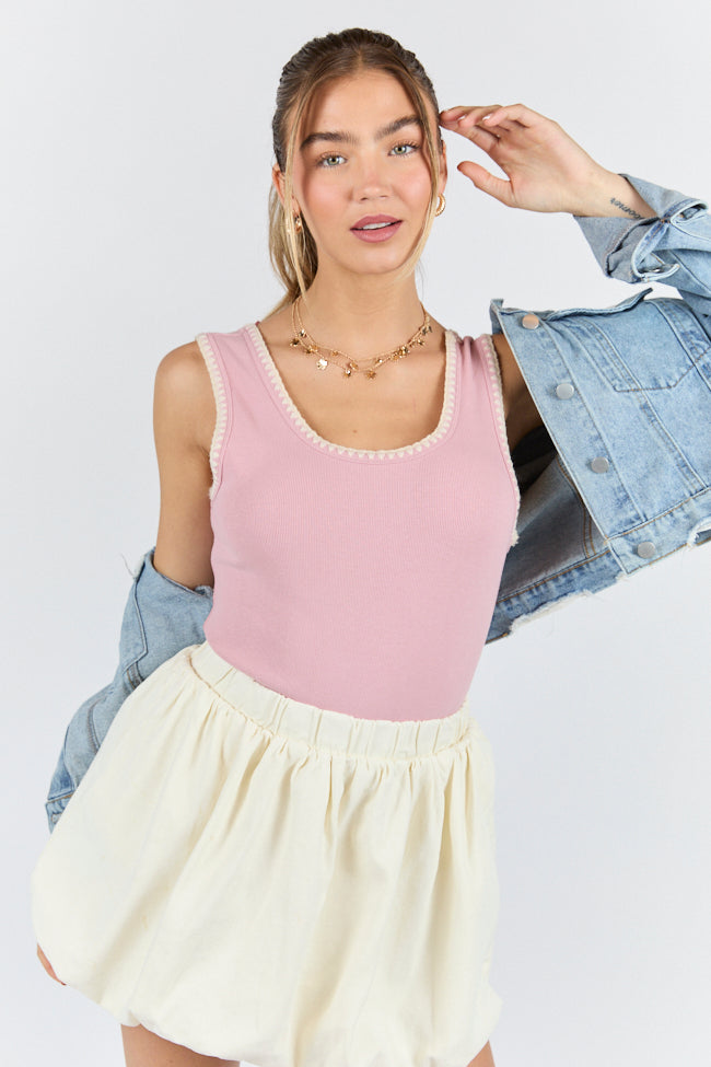 Pretty Please Pink Whipstitch Knit Bodysuit for Women - Soft Stretchy Comfort Fit - Trendy Casual & Layering Outfits - Perfect for Date Nights, Parties & Everyday Wear