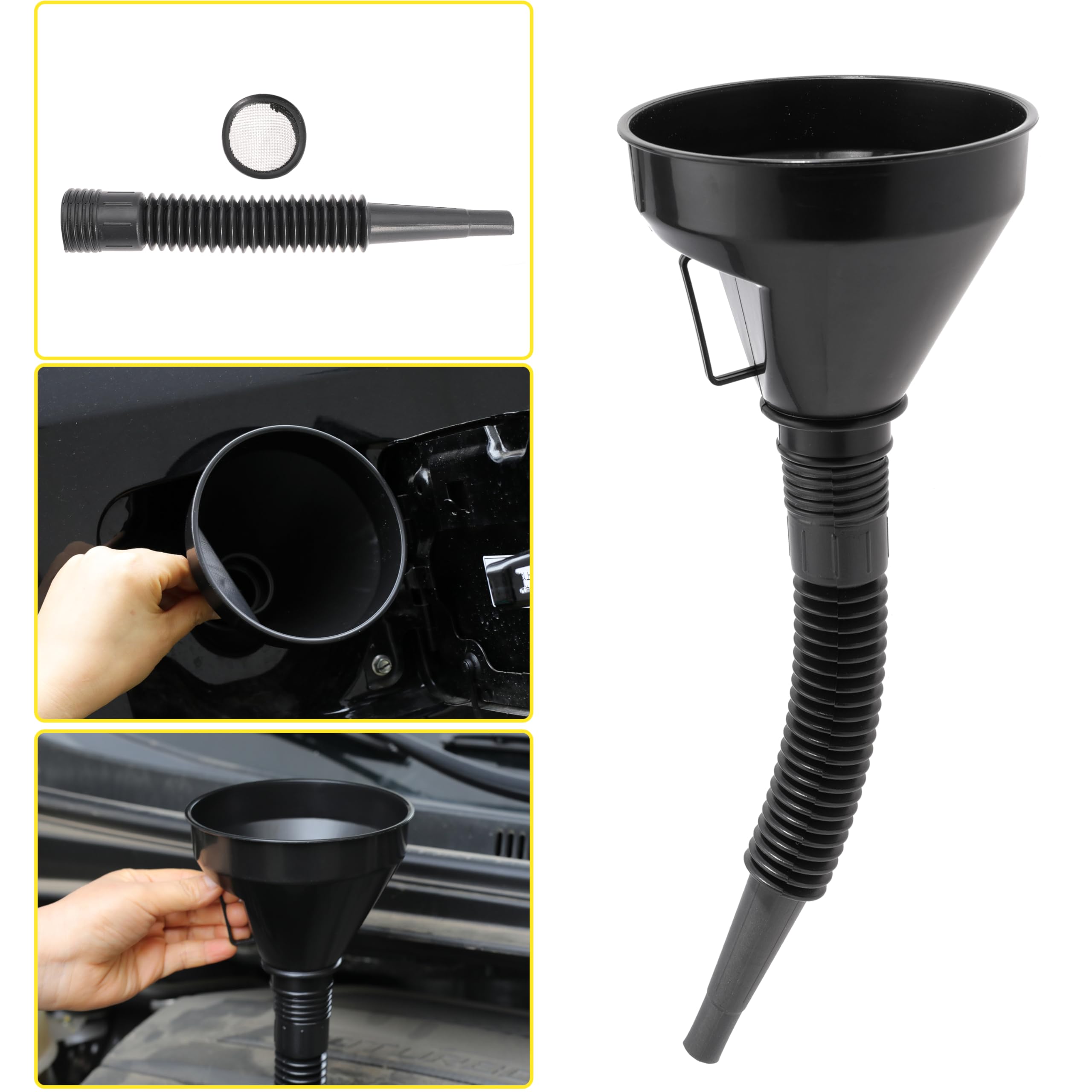 Large Plastic Automotive Funnel - Wide Mouth Oil Funnel with Flexible Extension Nozzle & Hose - Car Fuel Funnel with Handle & Mesh Screen - Perfect for Cars, Engine, RV, Water, Gas & Liquid Transmission (Black, 1-Pack)