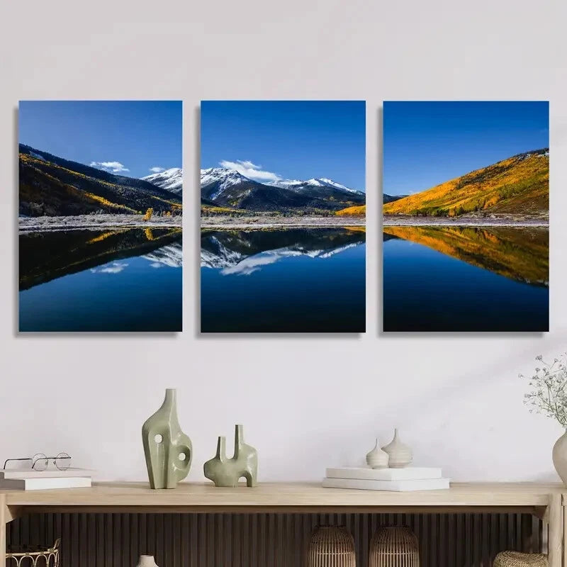 3-Piece Nature Scenery Metal Wall Art - Lakes, Mountains & Forest Landscape Prints - Ready to Hang Home Decor for Living Room, Bedroom or Office
