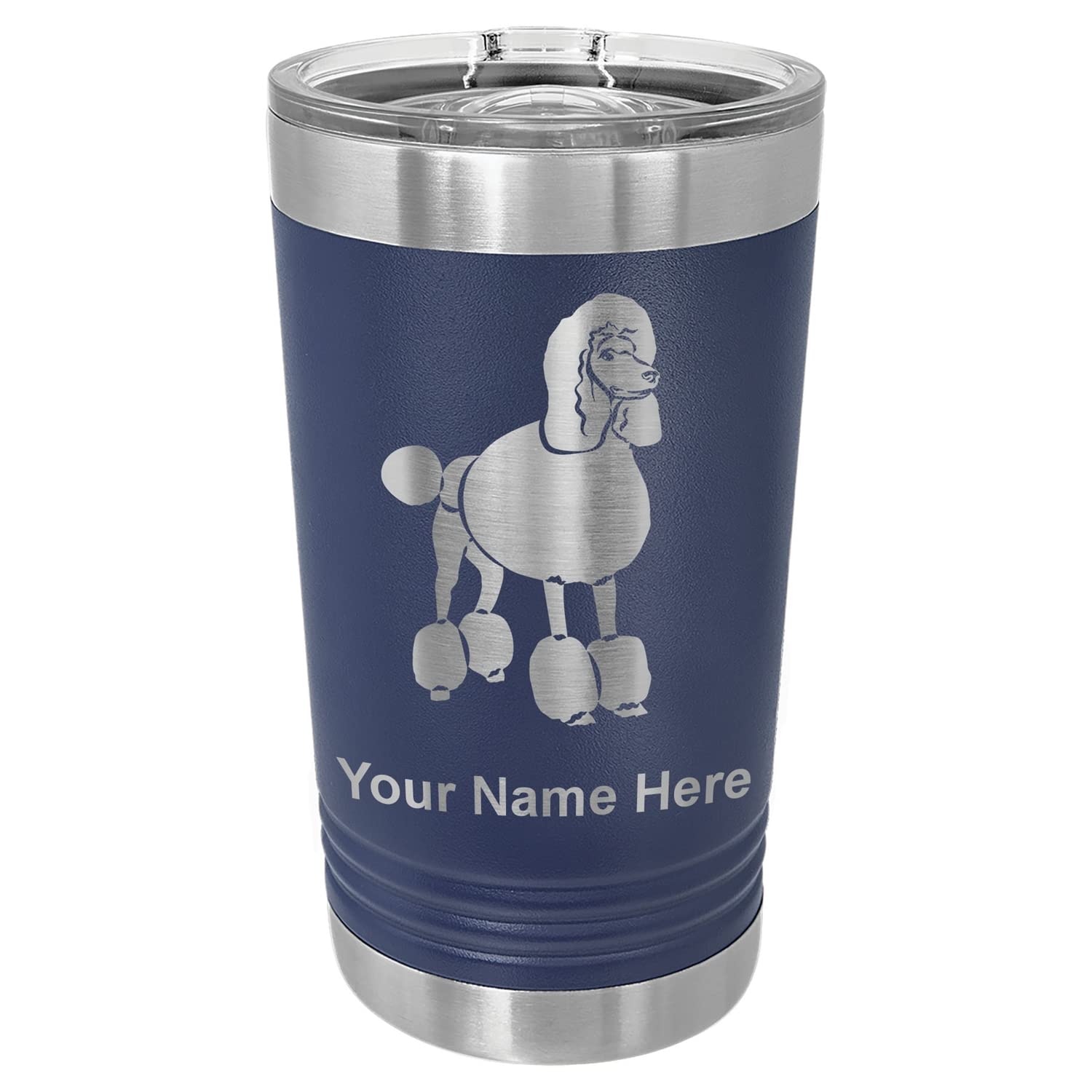LaserGram 16oz Vacuum Insulated Stainless Steel Tumbler with Lid - Custom Engraved French Poodle Design, Navy Blue - Perfect for Coffee, Tea & Cold Drinks at Home, Office or Travel