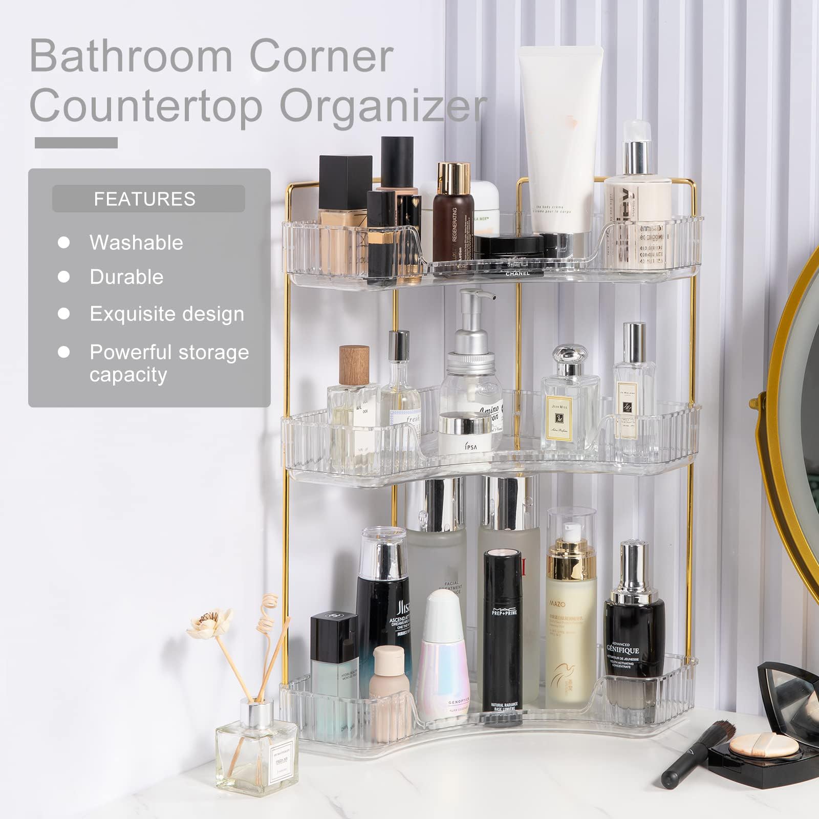 3-Tier Clear Corner Bathroom Countertop Organizer - Vanity Tray for Makeup, Perfume & Jewelry Storage | Space-Saving Spice Rack for Kitchen & Bathroom Organization | Perfect for Small Spaces, Countertops & Vanities