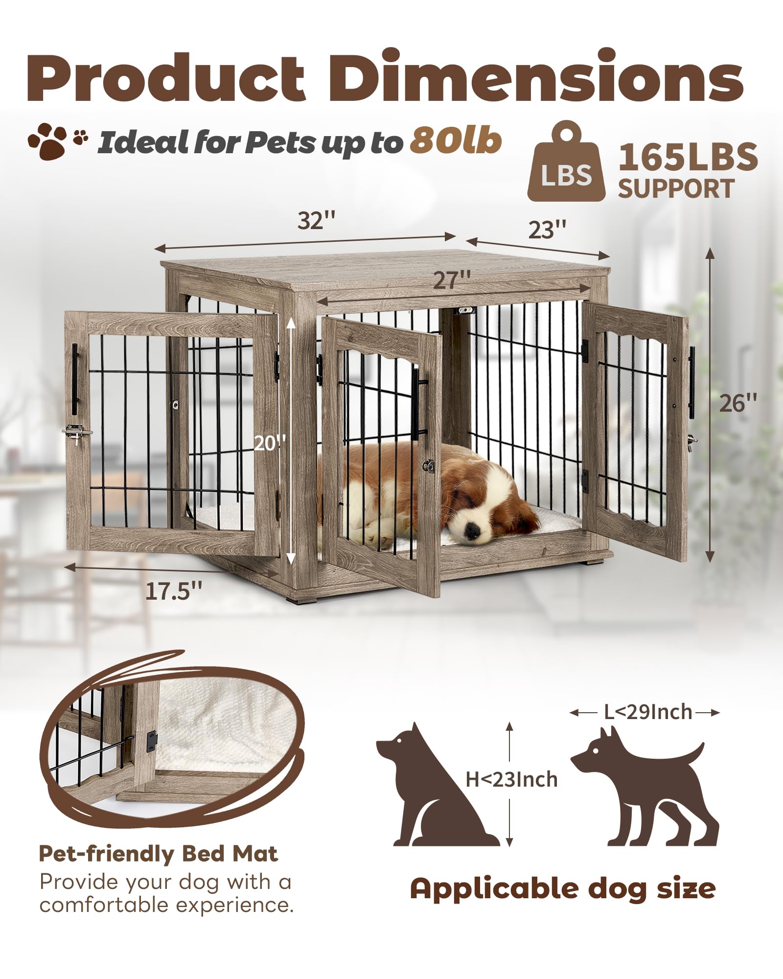 32 Inch Wooden Dog Crate Furniture with Bed Mat - Medium Dog Kennel with 3 Doors, End Side Table Design in Greige | Perfect for Living Room, Bedroom & Home Decor