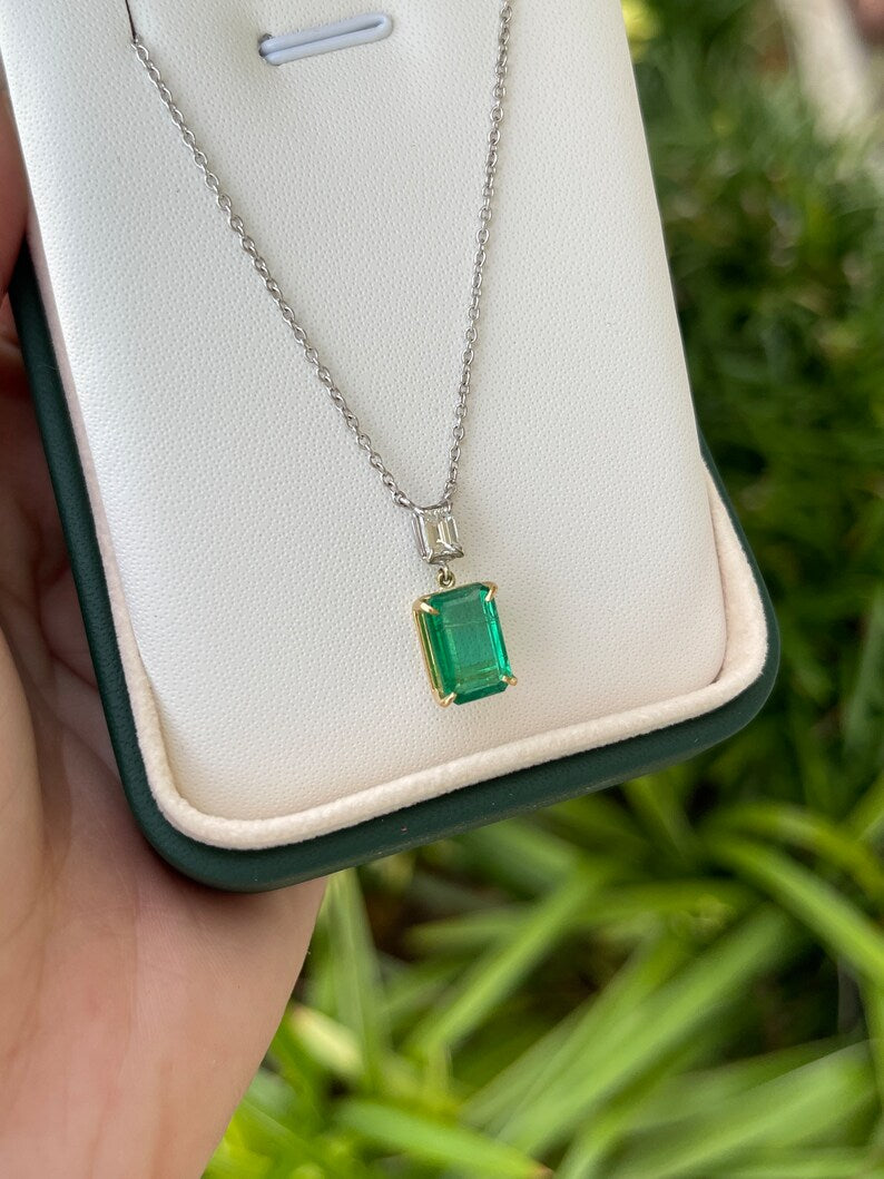 3.13tcw Genuine Dark Green Emerald Cut Diamond Necklace in 14K Two-Tone Gold - Elegant Jewelry for Weddings, Anniversaries & Special Occasions