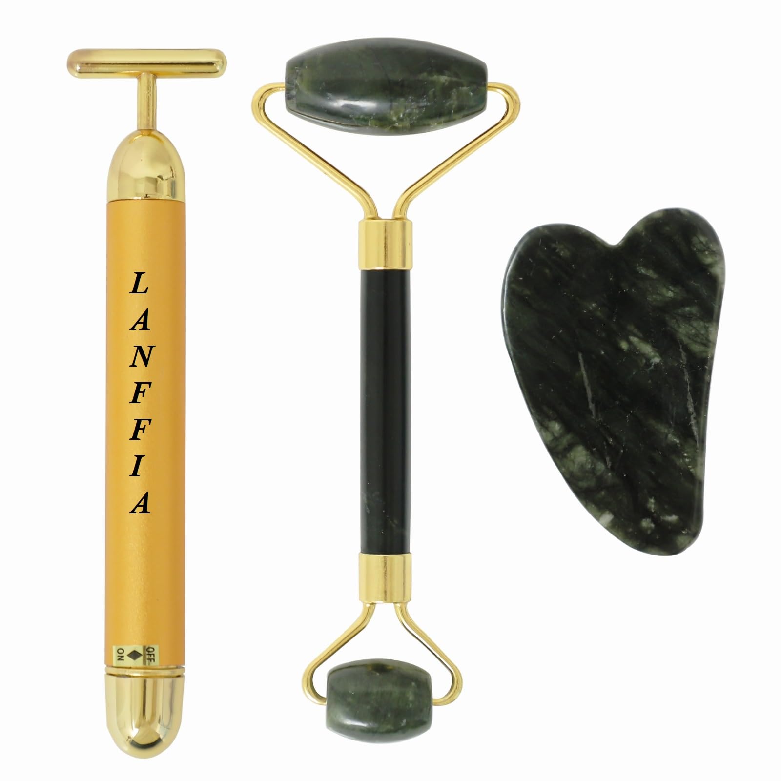 24K Gold Facial Massager Roller - Electric Vibration Beauty Bar for Anti-Wrinkle & Skin Tightening | Waterproof T-Shaped Face Roller with Gua Sha Jade Stone & Face Stone | Perfect for Home Spa, Skincare Routine & Relaxation Therapy