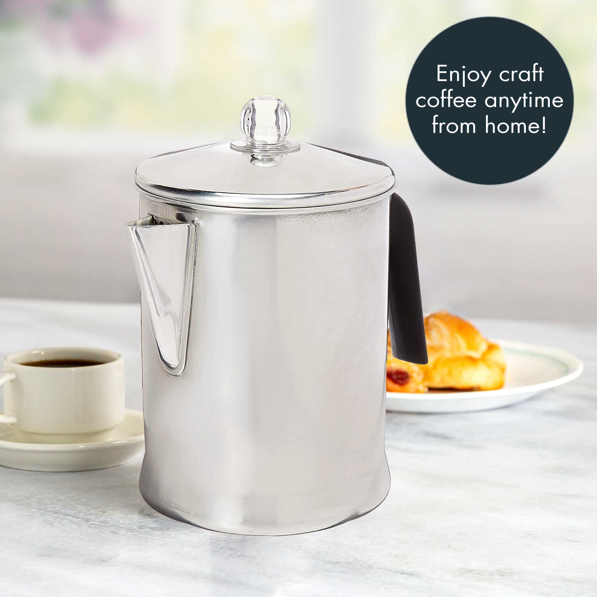 Prima Today 9-Cup Aluminum Stovetop Coffee Percolator - Durable Stove Top Coffee Maker for Camping, RV Travel & Home Use - Silver