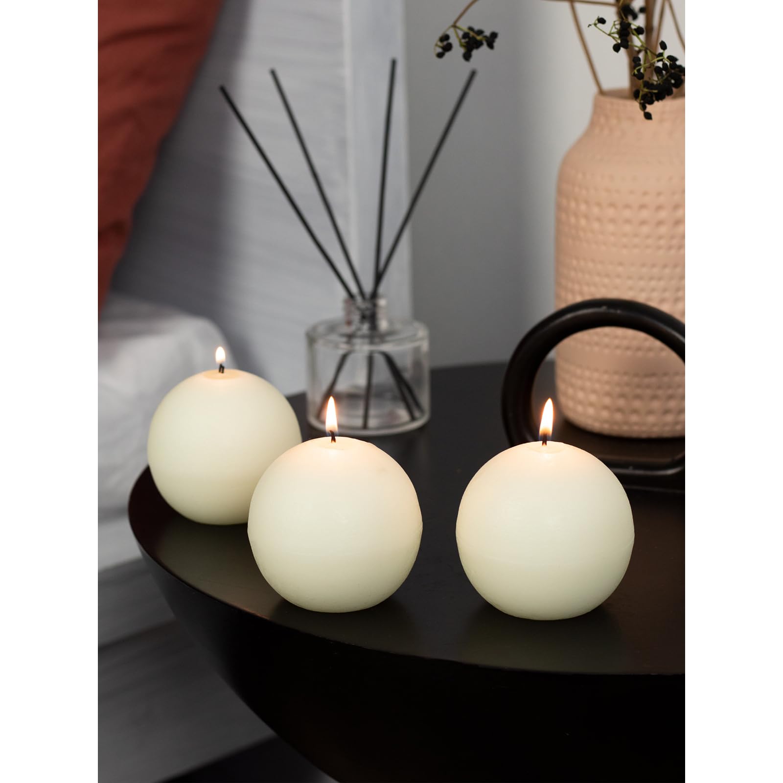 CANDWAX Set of 3 Unscented Round Ball Candles (3 Inch) - Long Burning Ivory Decorative Candles for Wedding, Romantic Home Decor & Table Centerpieces
