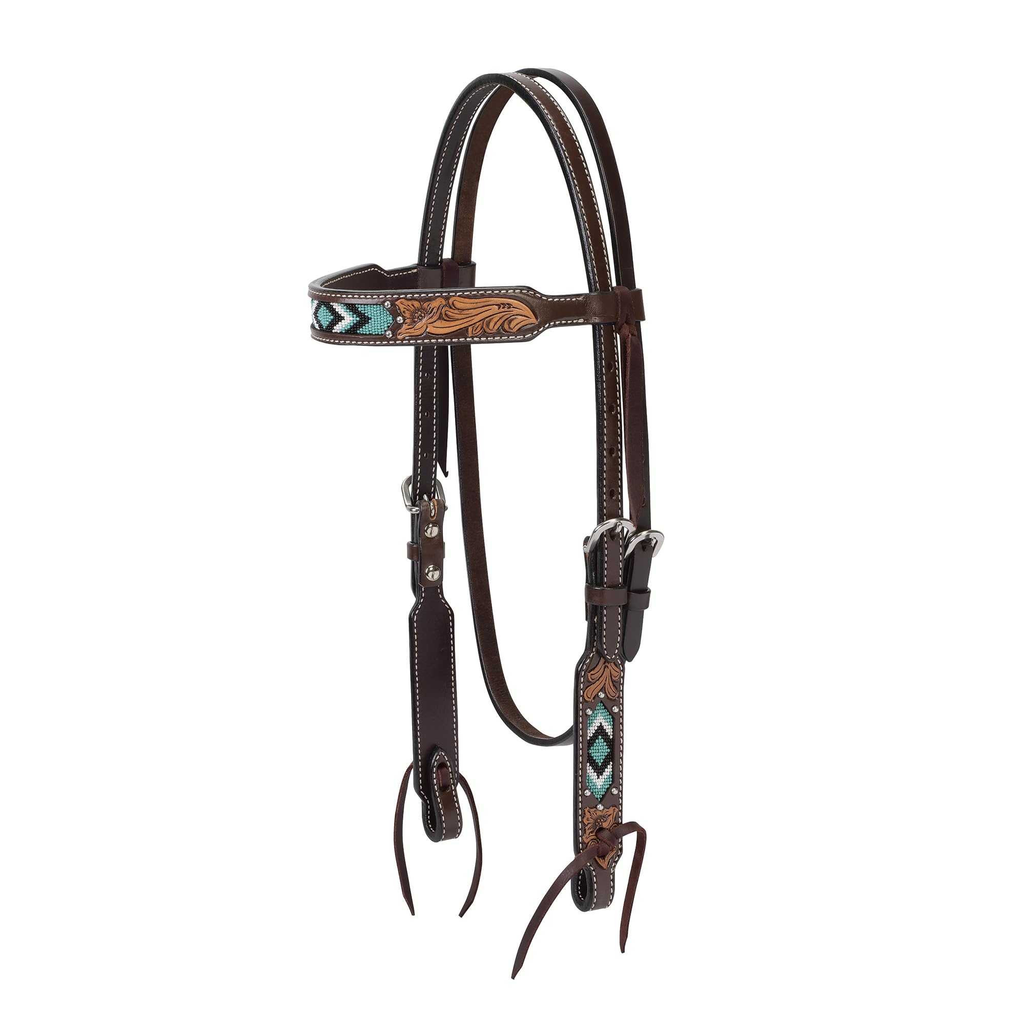 Turquoise Diamond Beaded Leather Horse Headstall - Durable Trail Riding Headstall for Horses - Dark Oil Finish Equine Supplies for Western & Show Riding