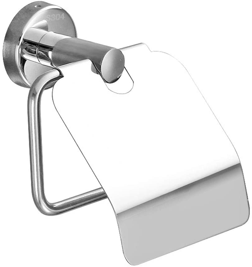 Wall Mounted No Drill Toilet Paper Holder with Cover - Bathroom Tissue Roll Stand Storage Dispenser - Durable Stainless Steel Bathroom Accessory for Home, Hotel, RV & Office Use