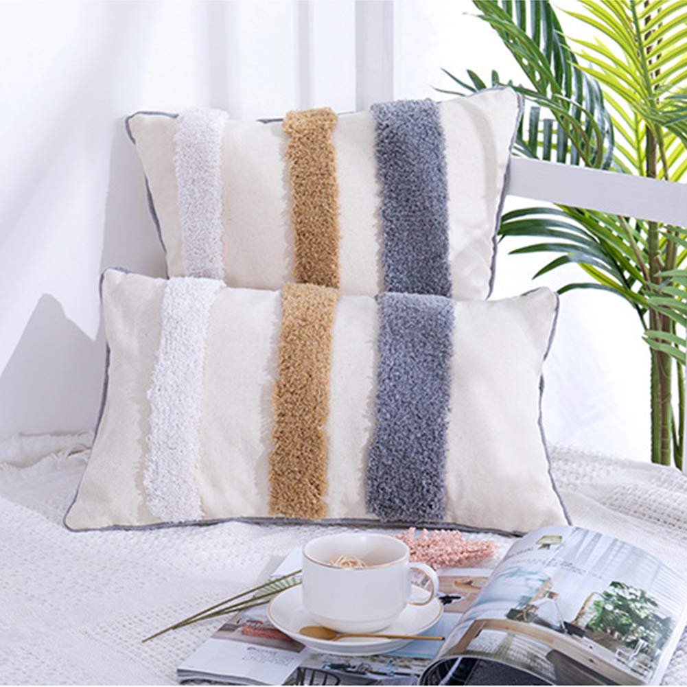 VCTOPS Decorative Boho Throw Pillow Covers 12x20 Inch - Woven Stripe Tufted Lumbar Pillow Cases for Sofa, Bed, Living Room - Moroccan Farmhouse Accent Pillows - Perfect for Home Decor, Cozy Reading Nook & Boho Chic Style