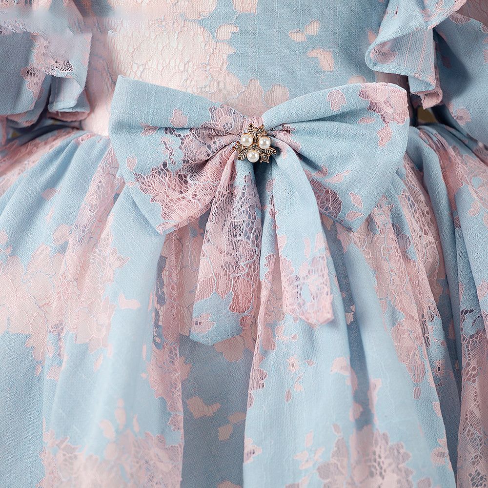 Blue Princess Tea Length Flower Girl Dress with Puff Sleeves - Elegant Floral Party Dress for Weddings, Baptisms & Special Occasions