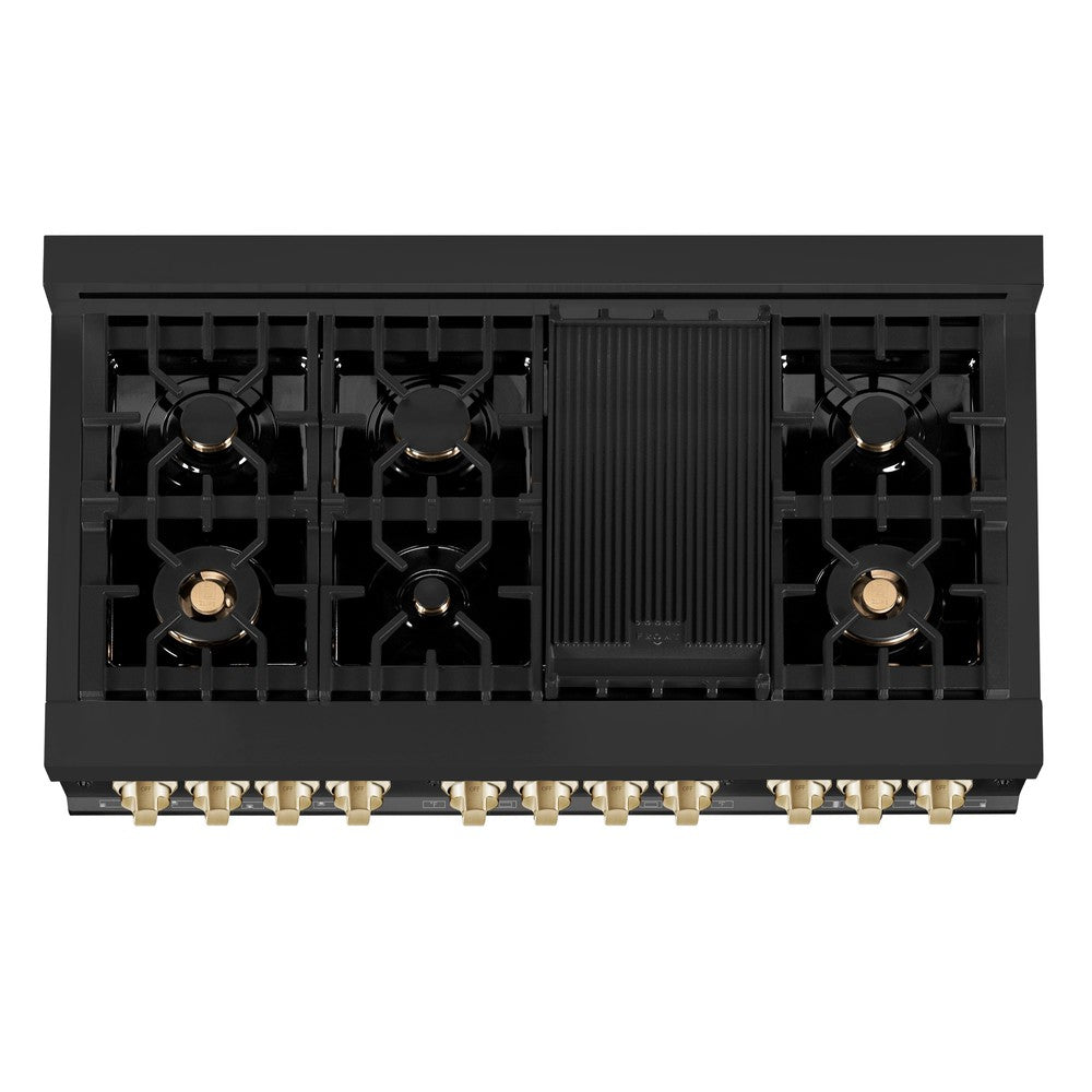 ZLINE Autograph Edition 48-inch Black Stainless Steel Dual Fuel Range with Range Hood - Professional Kitchen Package with Polished Gold Accents (2AKP RABRH48 G) - Perfect for Gourmet Cooking & Luxury Home Kitchens