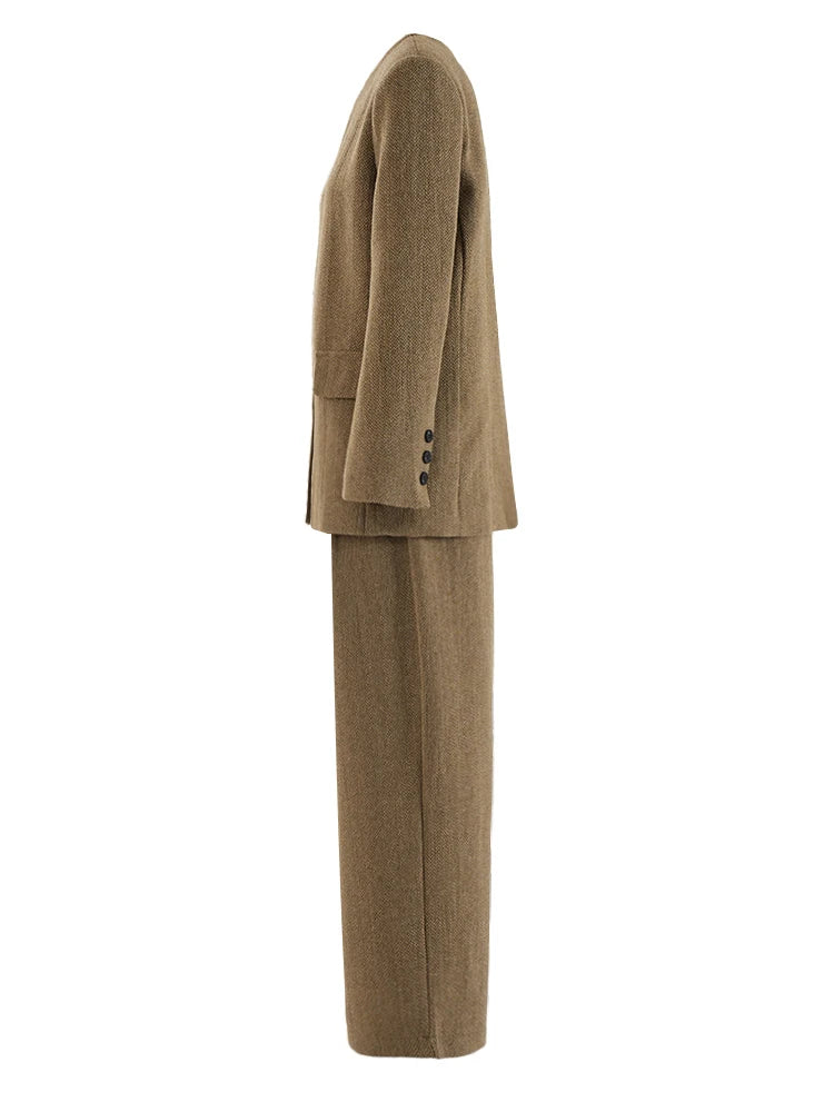Women's Big Size Khaki Blazer & Wide Leg Pants Two-Piece Suit - O Neck Long Sleeve Fashion Set for Spring Autumn 2025 | Office Wear, Business Casual & Special Occasion Outfits