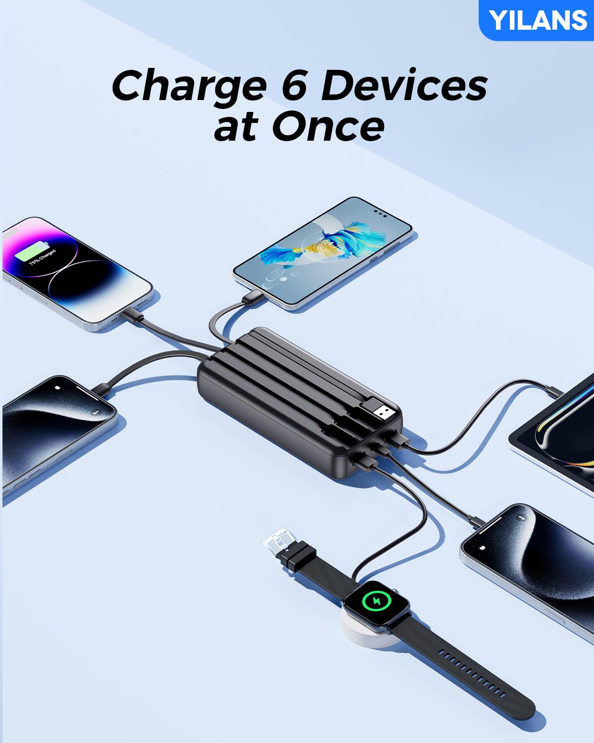 42800mAh Portable Charger with Built-in Cables | 22.5W PD Fast Charging Power Bank | 6 Outputs & 2 Inputs External Battery Pack | Compatible with iPhone 16/15/14/13/12 & Android Phones | Perfect for Travel, Camping & Emergency Power Backup