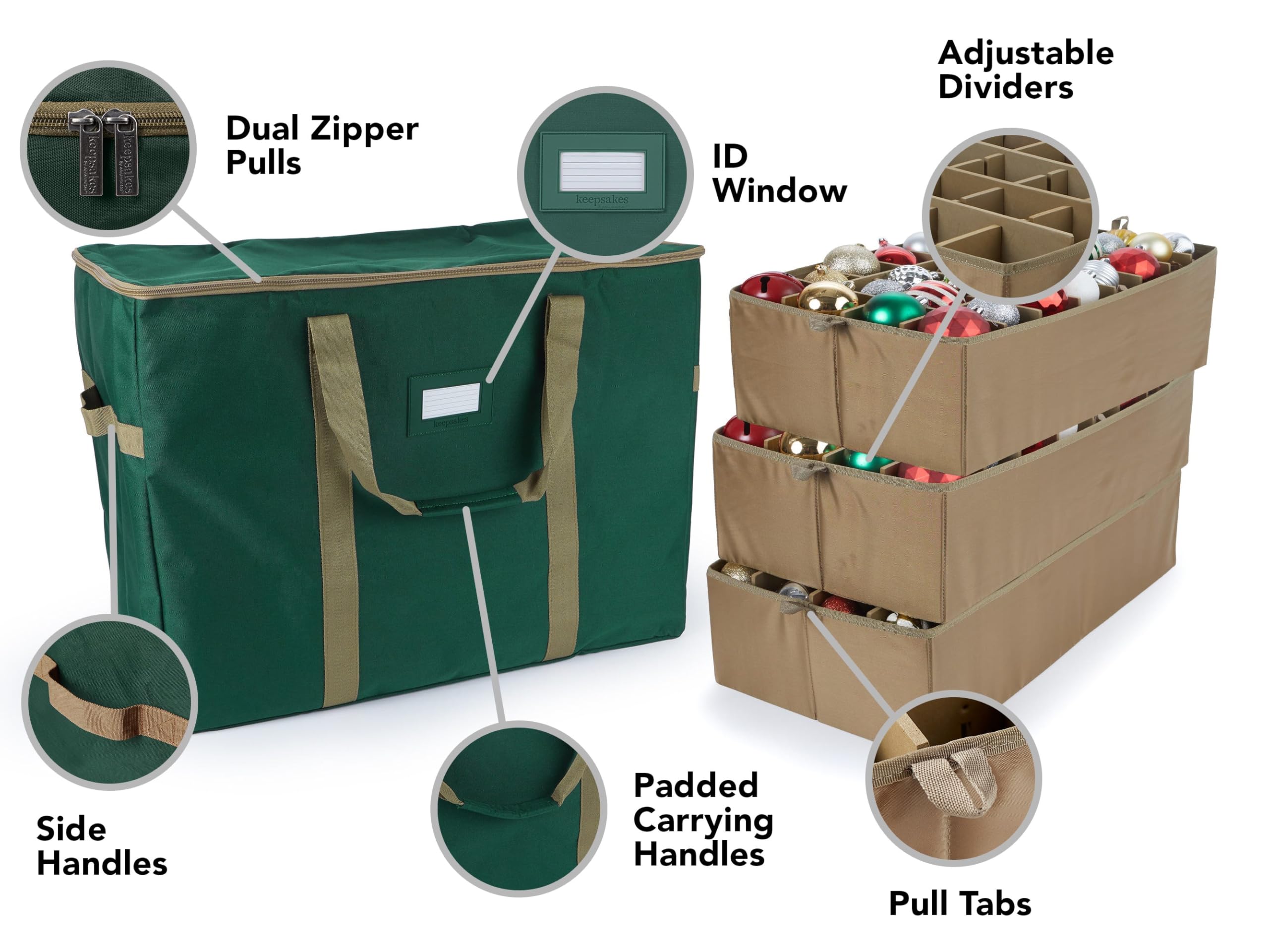 Covermates Keepsakes Adjustable Christmas Ornament Storage Bag with Carrying Handles & Padded Protection - Holiday Decoration Organizer for Tree Ornaments (Green) - Perfect for Seasonal Storage & Home Organization