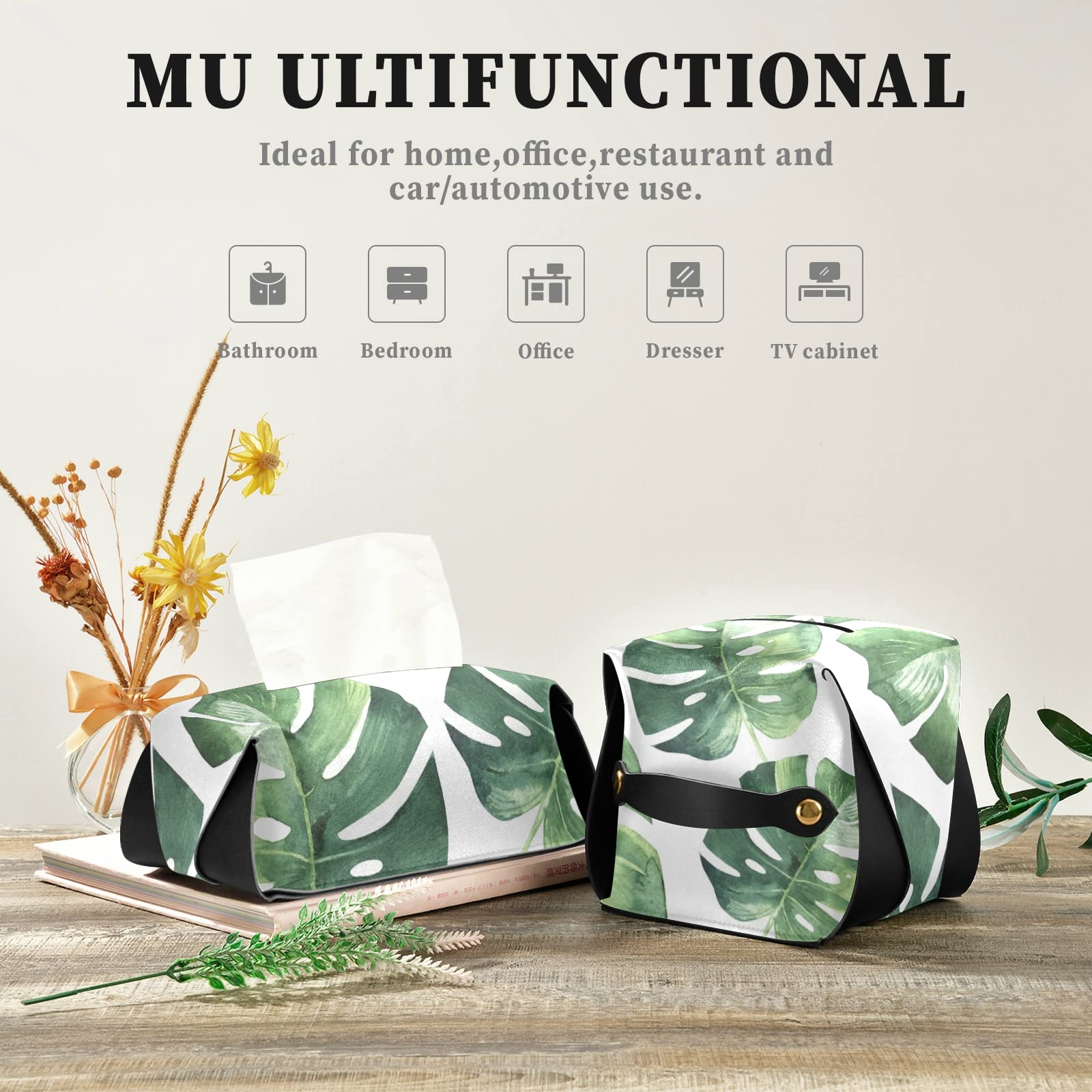 Eco-Friendly Tropical Palm Leaves Leather Tissue Box Cover - Seamless Jungle Design with Handle for Bathroom, Nightstand, Vanity & Office (9.4x5.1x3.6 inches) | Perfect for Home Decor, Car Interior & Gift Giving