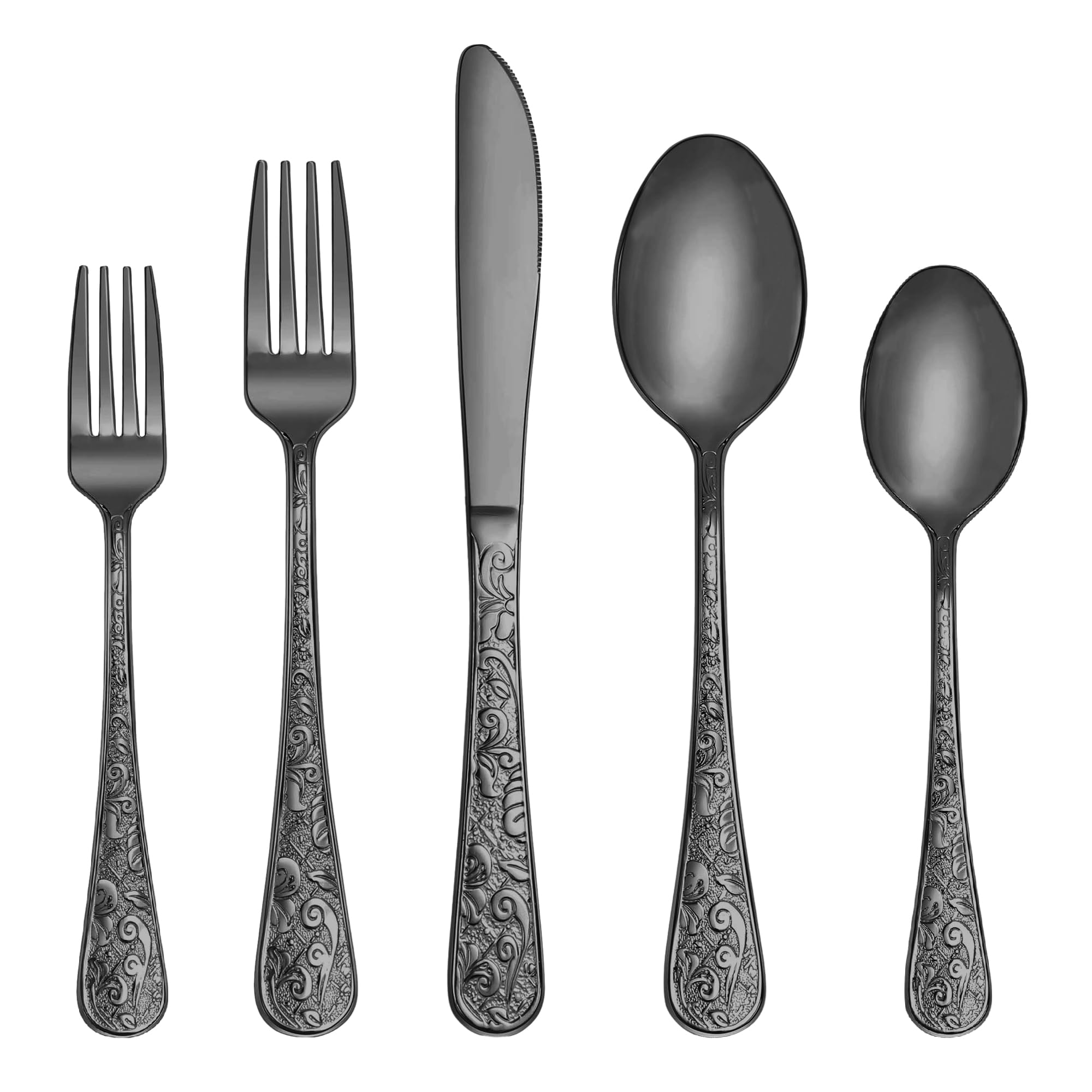 Vintage Carved Black Stainless Steel 20-Piece Flatware Set - Modern Embossed Cutlery Utensils with Forks, Spoons & Knives - Elegant Dinnerware for Restaurants, Weddings & Home Dining