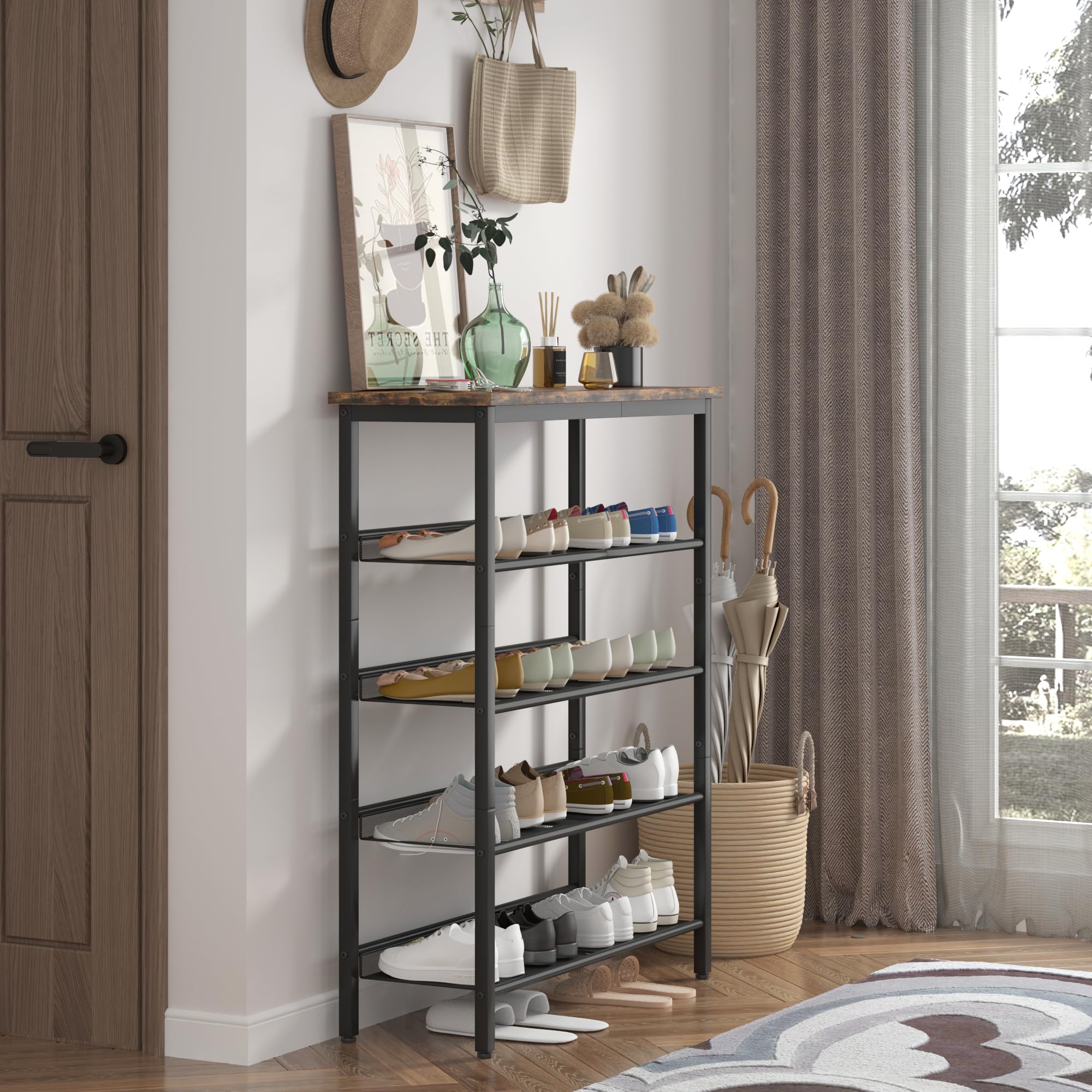 Gecheer 5-Tier Adjustable Industrial Shoe Rack with 4 Mesh Shelves - Rustic Country Style Entryway Storage Organizer for Shoes, Boots & Accessories | Perfect for Living Room, Bedroom, Porch & Hallway Organization