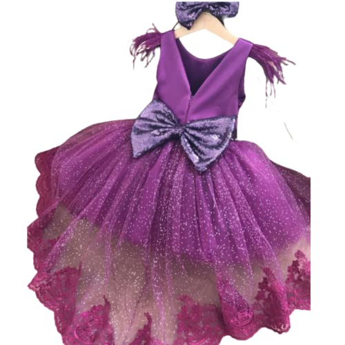 Elegant Purple Plum Flower Girl Dress with Long Train - Sleeveless Floral Tutu Gown for Baby Toddler Girls | Perfect for Christmas, Birthday Parties, Weddings & Holiday Celebrations